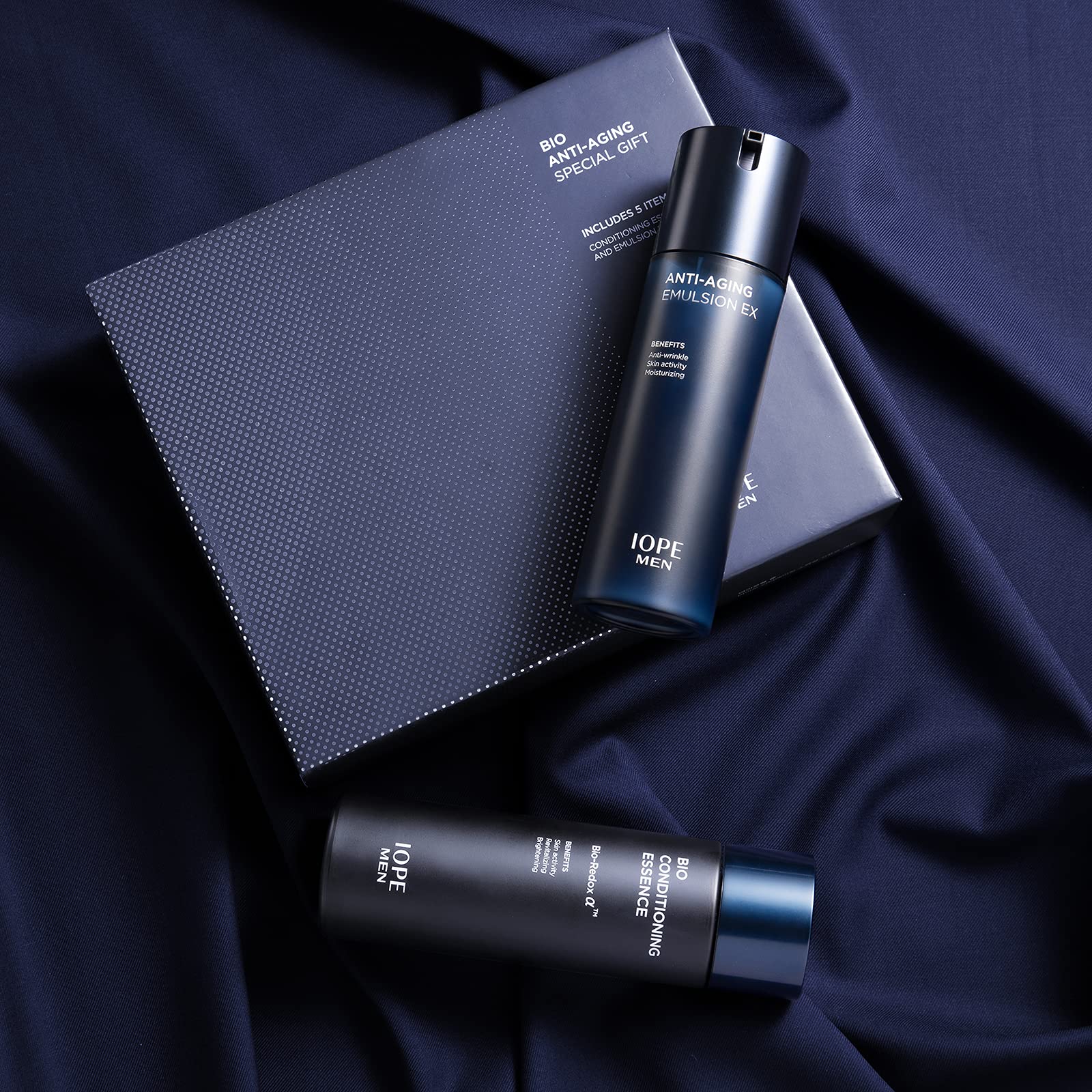 IOPE MEN BIO Anti-Aging & Moisturizing Skincare Set - Cleanser, Emulsion, Essence Serum & Aftershave | Korean Men's Skincare by Amorepacific | Perfect for Daily Hydration & Post-Shave Soothing