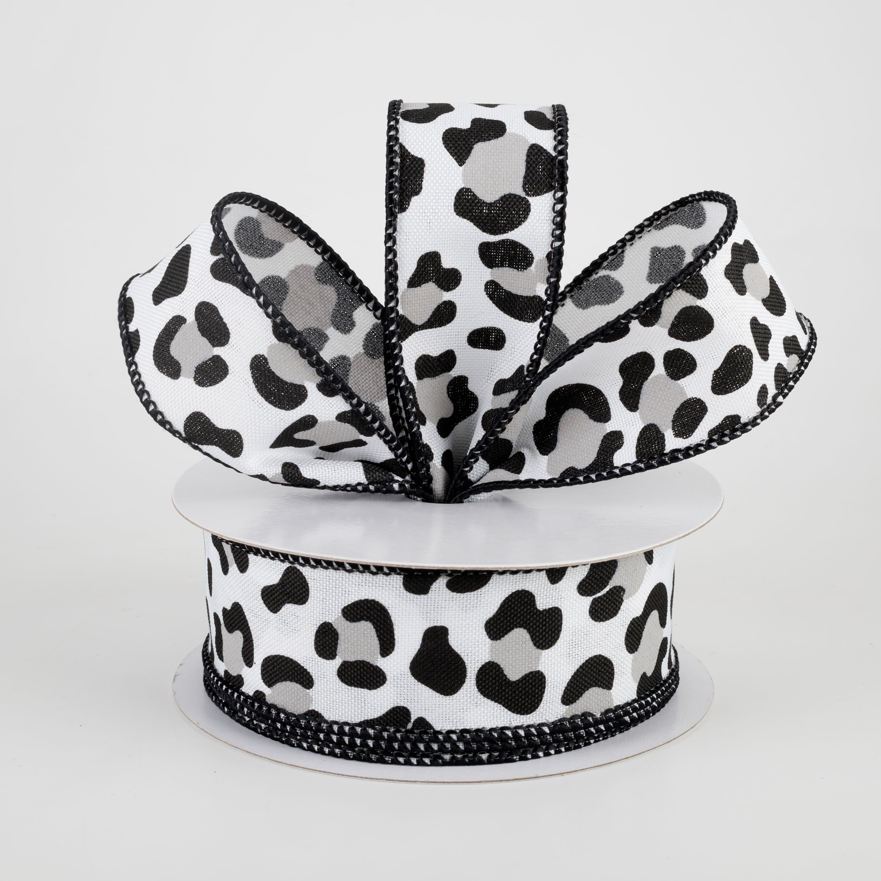 1.5 Inch Leopard Print Ribbon - White, Black, Grey (10 Yards) for Gift Wrapping, DIY Crafts, Hair Bows & Party Decorations
