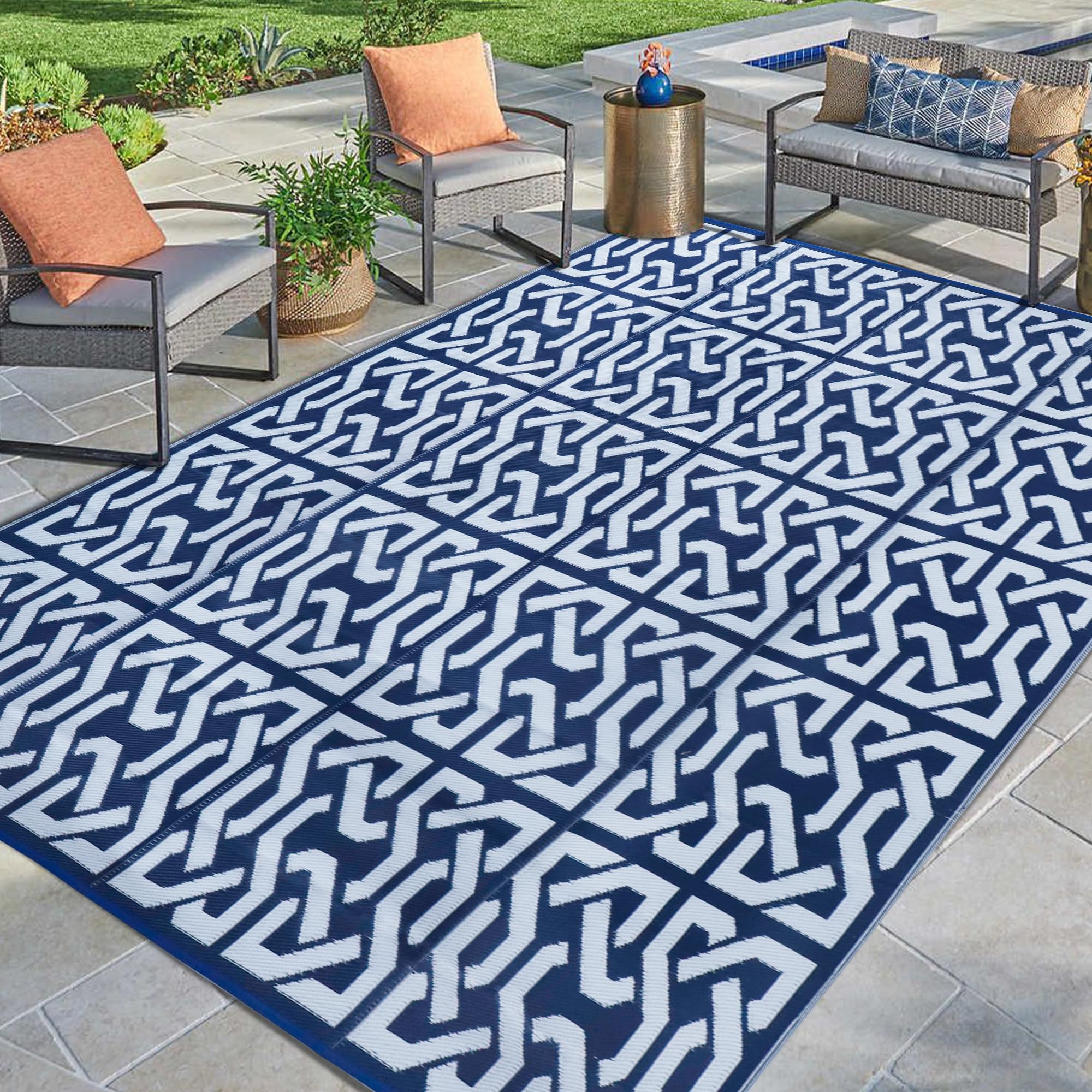 **SAND MINE Reversible Plastic Straw Rug – 9' x 12' Modern Outdoor Area Rug for Patio, Deck, RV, Backyard, Beach & Camping – Durable Dark Blue & White Floor Mat – Perfect for Picnics, Trailers & Relaxing Outdoors**