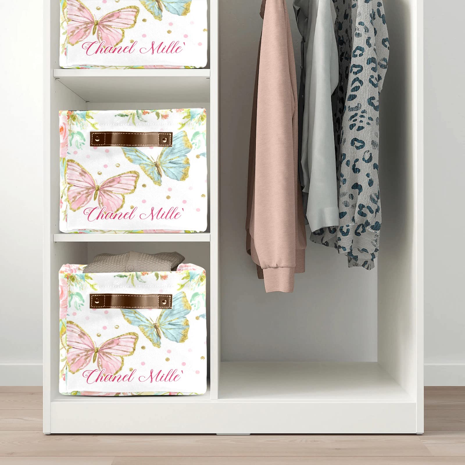 Personalized Floral Butterfly Pink Storage Bins with Handles - Custom Organizer Baskets & Cubes for Home, Nursery, Toys & Clothes (1 Pack) - Perfect for Kids' Room Organization & Nursery Decor