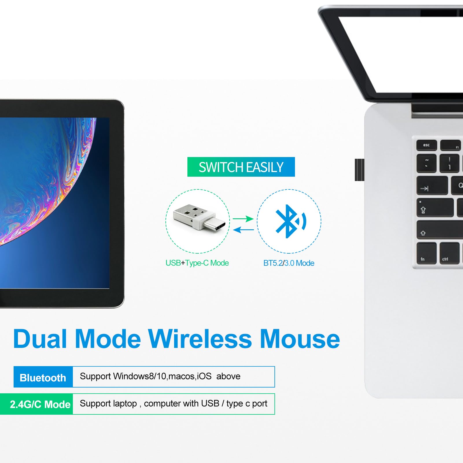 4 Modes Rechargeable Bluetooth Mouse BT3.0/5.2 with USB-2.4G/Type-C - Wireless Mouse for MacBook Pro/Air, iMac, iPad, Laptop, PC (Rose Gold) - Perfect for Office, Home & Travel Use