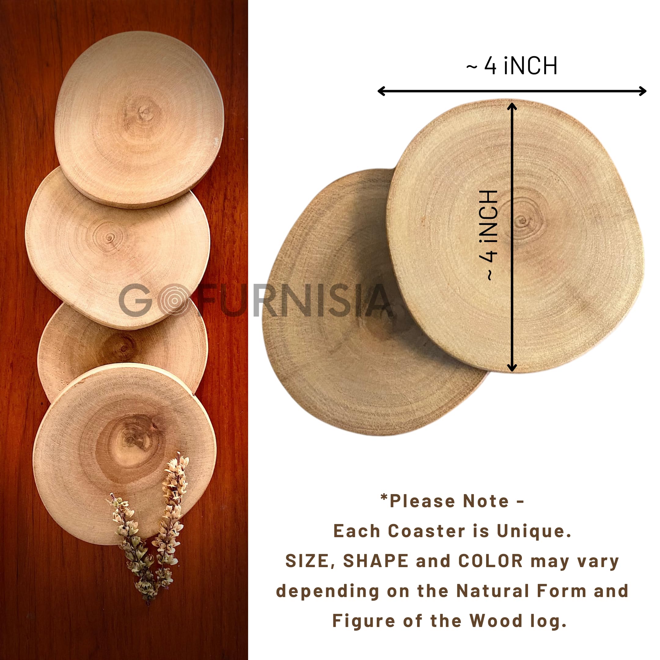 GOFURNISIA ® Set of 2 Rustic Wooden Coasters for Drinks - Natural Solid Wood Log with Finished Edge - Perfect for Dining Table, Coffee Table & Home Decor
