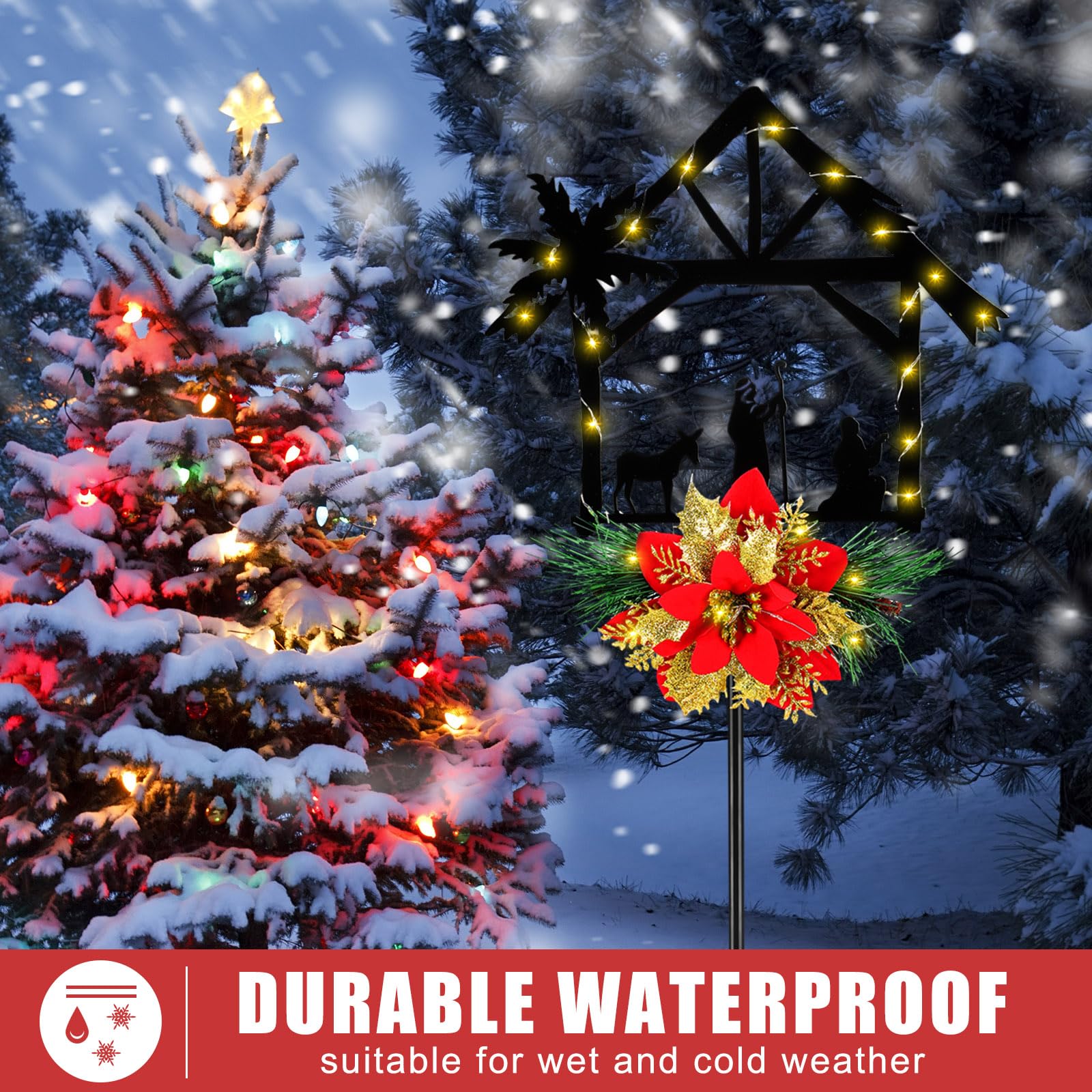 3 Pack Solar Powered LED Nativity Scene Stake Lights with Poinsettia - Outdoor Christmas Decor for Yard, Garden, Lawn - Perfect for Holiday Parties, Pathway Lighting, and Festive Home Decor