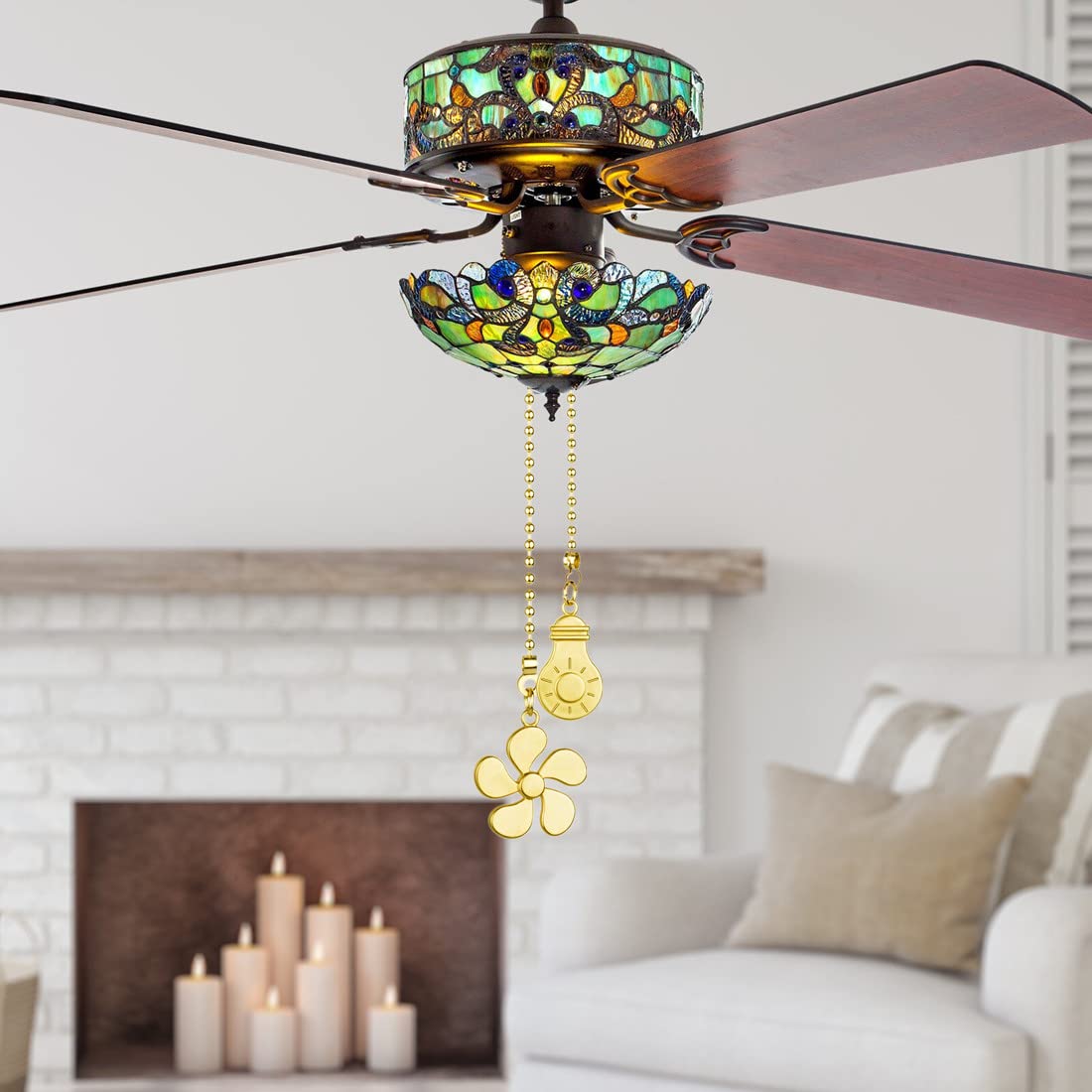 **Brass Ceiling Fan Pull Chain Kit - 4PCS 12 Inch Extension with Bulb & Fan Pattern - Fan Chain Connector & Pendant for Easy Light & Fan Control (Perfect for Bedroom, Living Room, Patio)**