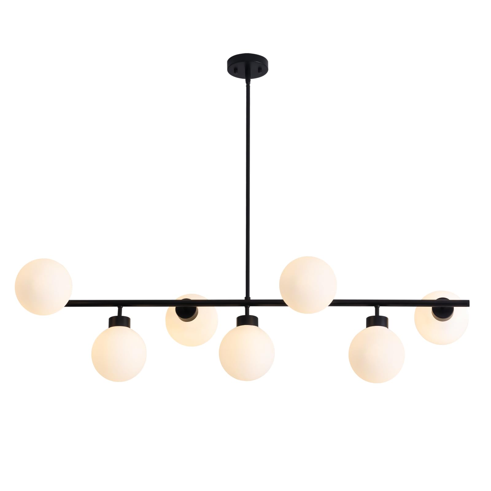 Crossio 7-Light Modern Linear Chandelier - Mid Century Black Sputnik Pendant Light with Glass Globe Rectangular Fixture - 47