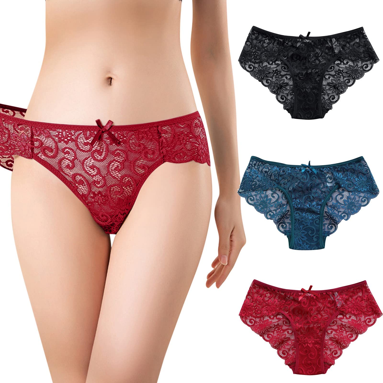 3-Pack Sexy Lace Women's Panties with Hollow Design, Comfortable Cotton Underwear with Waist Bow & Ruffle Trim - Perfect for Daily Wear, Date Night & Special Occasions