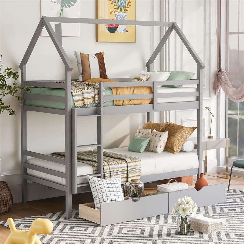 Twin Over Twin Bunk Bed with Drawers & Chimney Design - Space Saving Kids Room Furniture