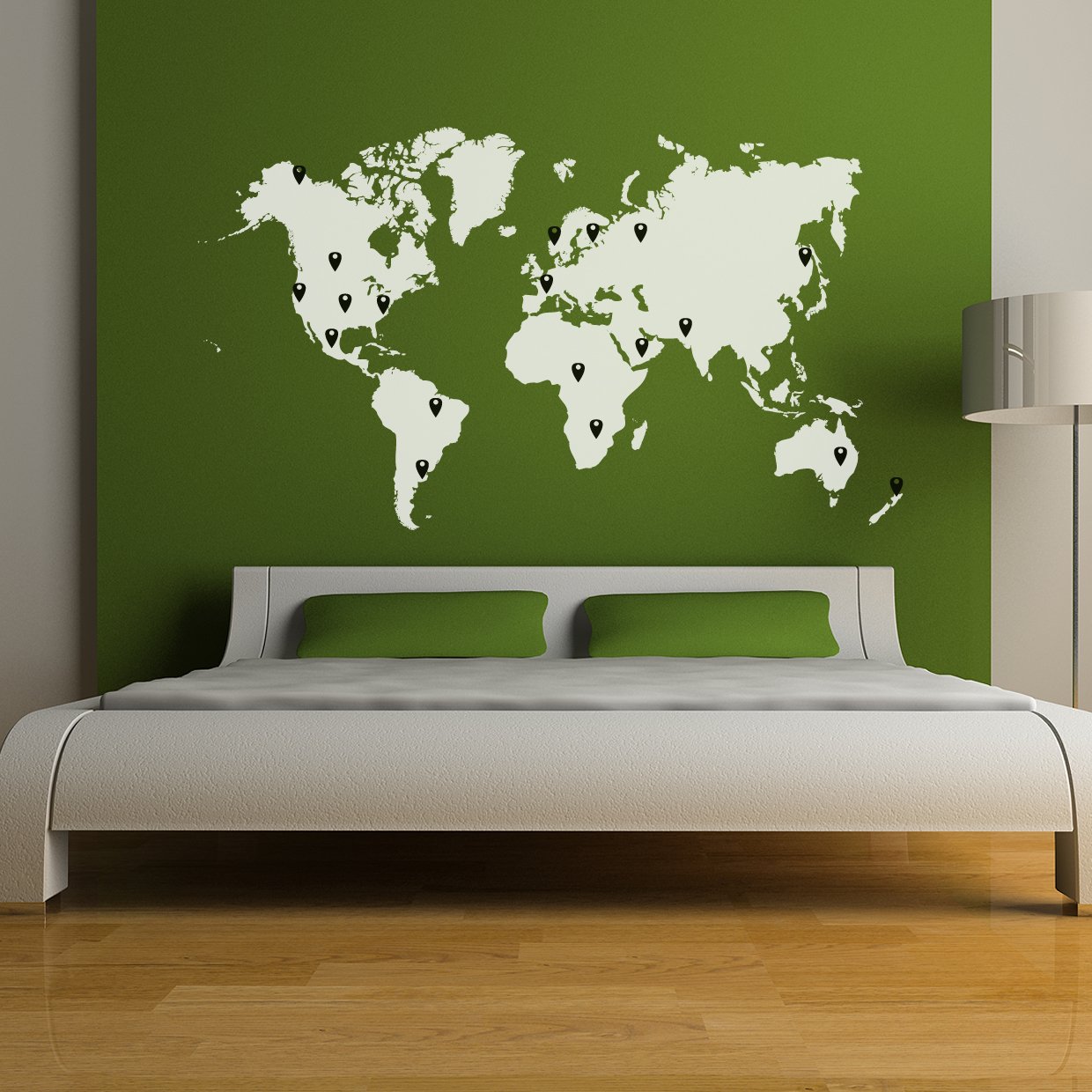 Stickerbrand World Map Wall Decal with 224 Pins - White Map with Red, Black, White & Grey Pins, 60