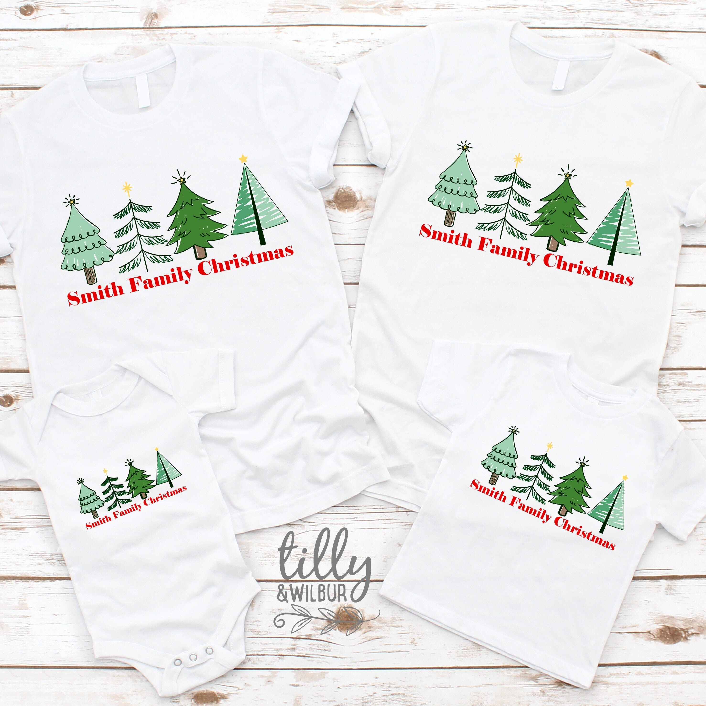 Custom Christmas Tree Family Surname T-Shirts - Personalized Holiday Matching Outfits (Multiple Colors Available) | Perfect for Christmas Photos, Family Reunions & Festive Gatherings