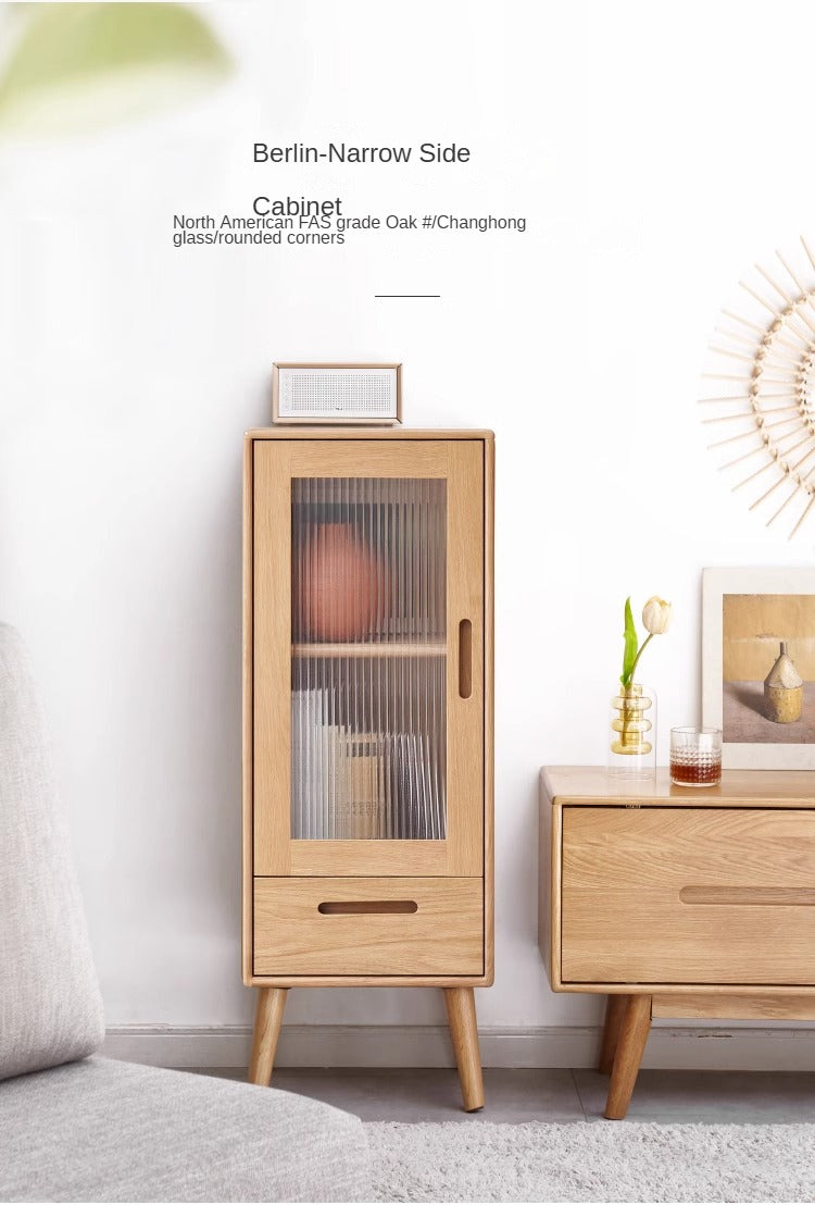 Solid Oak Wood Glass Door Display Cabinet - Stylish Storage for Living Room, Bedroom, or Office