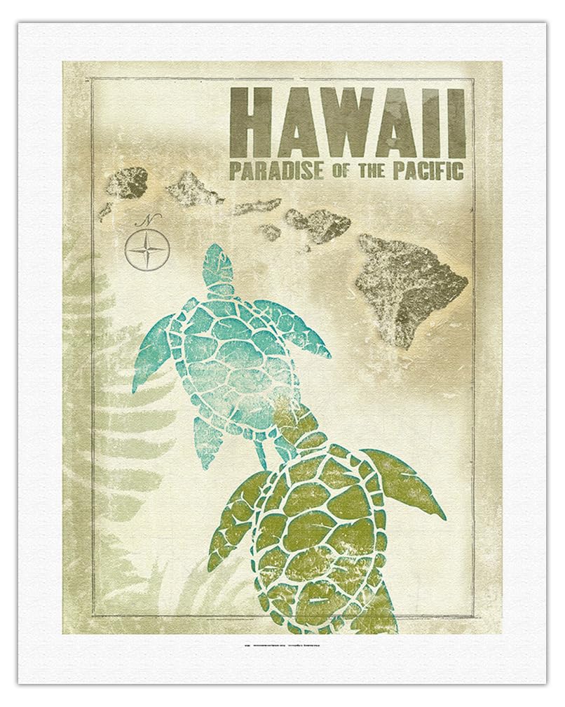 Hawaiian Honu Turtle Vintage Travel Poster - Wade Koniakowsky Fine Art Canvas Print 20x26 Inch - Pacific Island Wall Decor for Beach House & Tropical Theme Rooms
