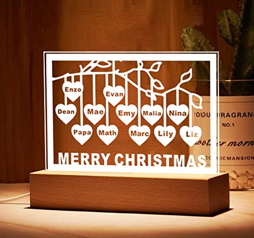 Personalized Custom Name Family Tree Acrylic Night Light - Heart-Shaped LED Home Decor Gift for Christmas, Mother's Day, Kids & Family - Perfect for Nursery, Bedroom & Living Room Decorations