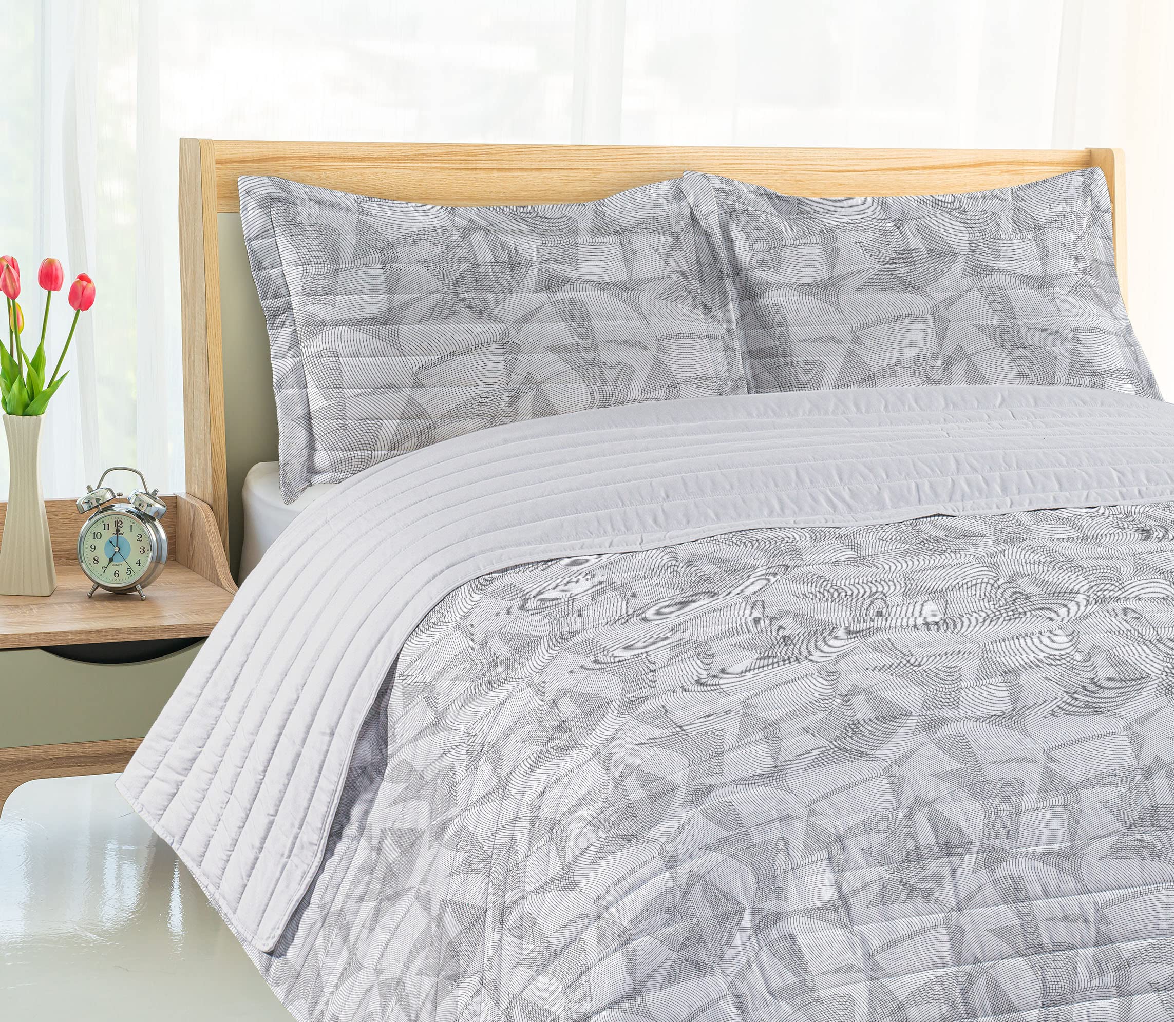 Ambesonne Abstract Microfiber Bedspread Set - Surreal Cubism Inspired Geometric Pattern with Monochrome Lines | Soft Queen Size Bedding Set Includes Pillow Shams & Comforter in Charcoal White | Perfect for Modern Bedrooms, Guest Rooms & Dorm Decor