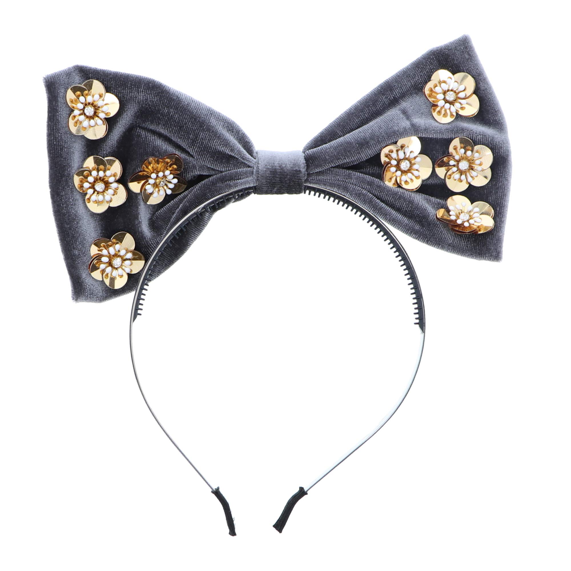 Velvet Sequin Bow Headband for Women & Girls - Grey Gold - Party & Wedding Accessory