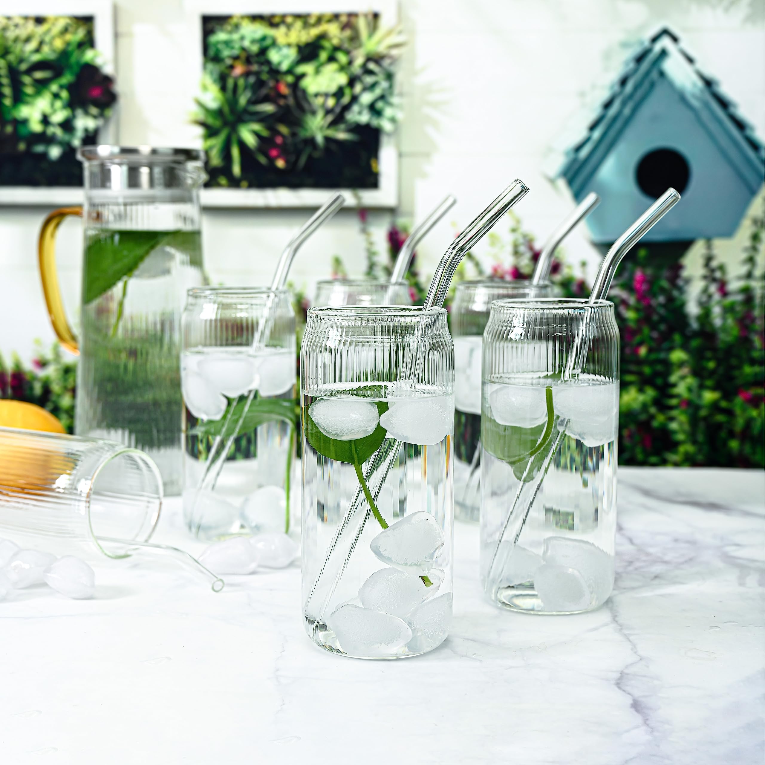 Set of 6 Ribbed Can-Shaped 16oz Glass Cups with Glass Straws - Clear Drinking Glasses for Iced Coffee, Tea, Cocktails & Soda | Perfect for Home, Office, Parties & Restaurants
