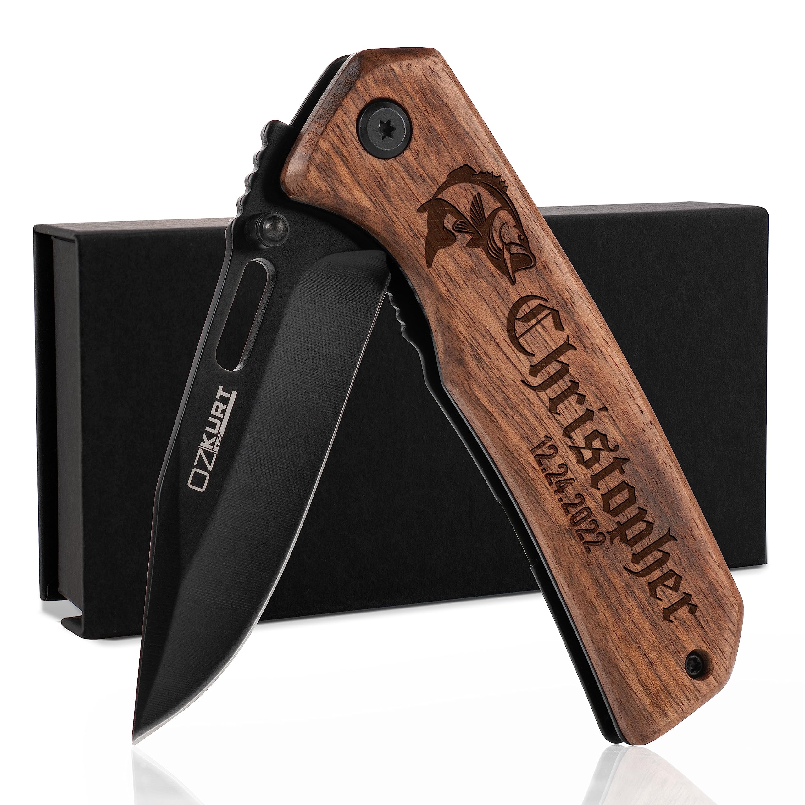 Custom Engraved Pocket Knife with Walnut Wood Handle - 36 Icon Designs & 13 Font Styles - Personalized Gift for Men, Dad, Husband - Perfect for Camping, Hiking, Outdoor Adventures & Everyday Carry (EDC)