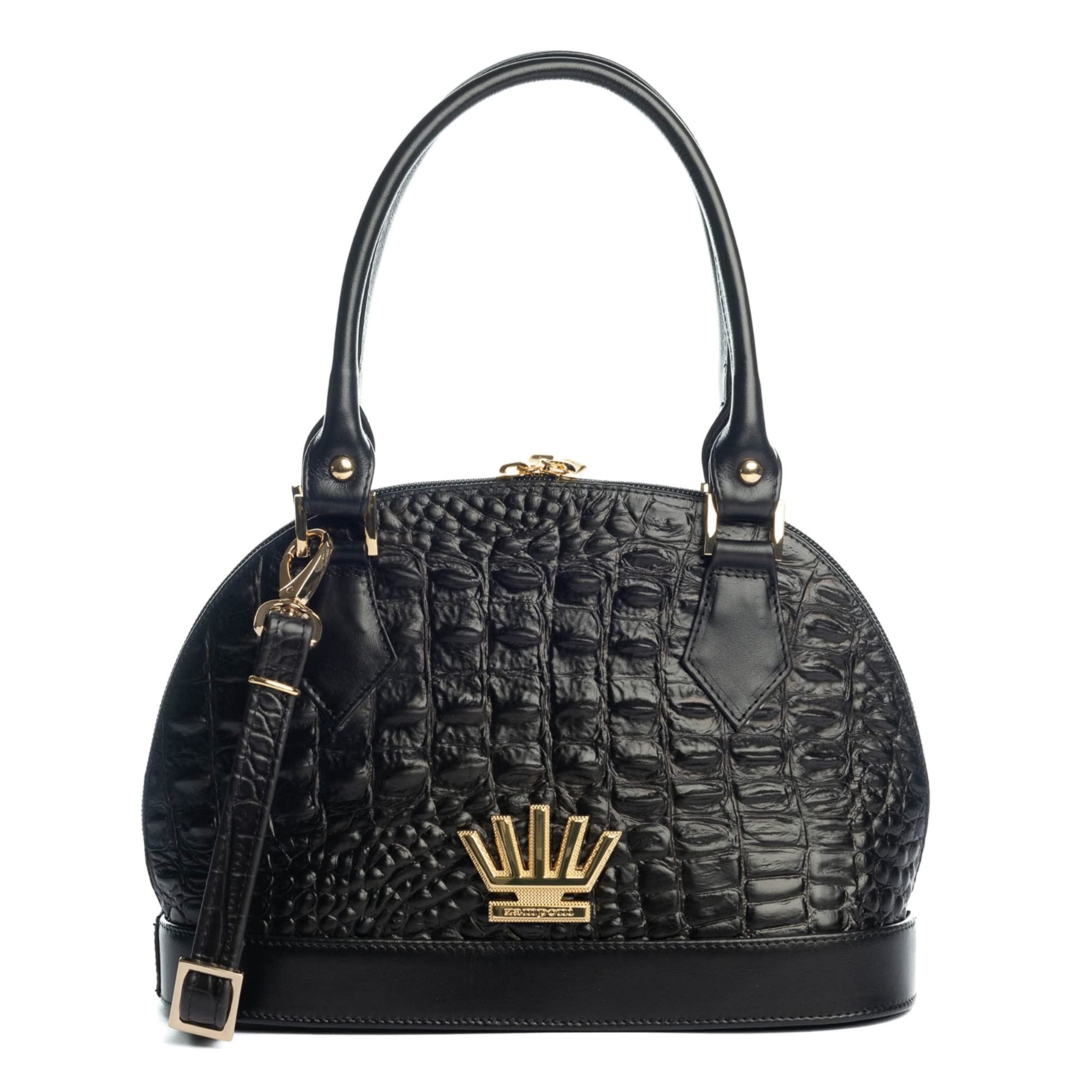 Zamponi Women's Genuine Leather Shoulder Bag - Italian Made Small Crocodile Embossed Handbag for Women - Perfect for Work, Travel & Evening Events - Black