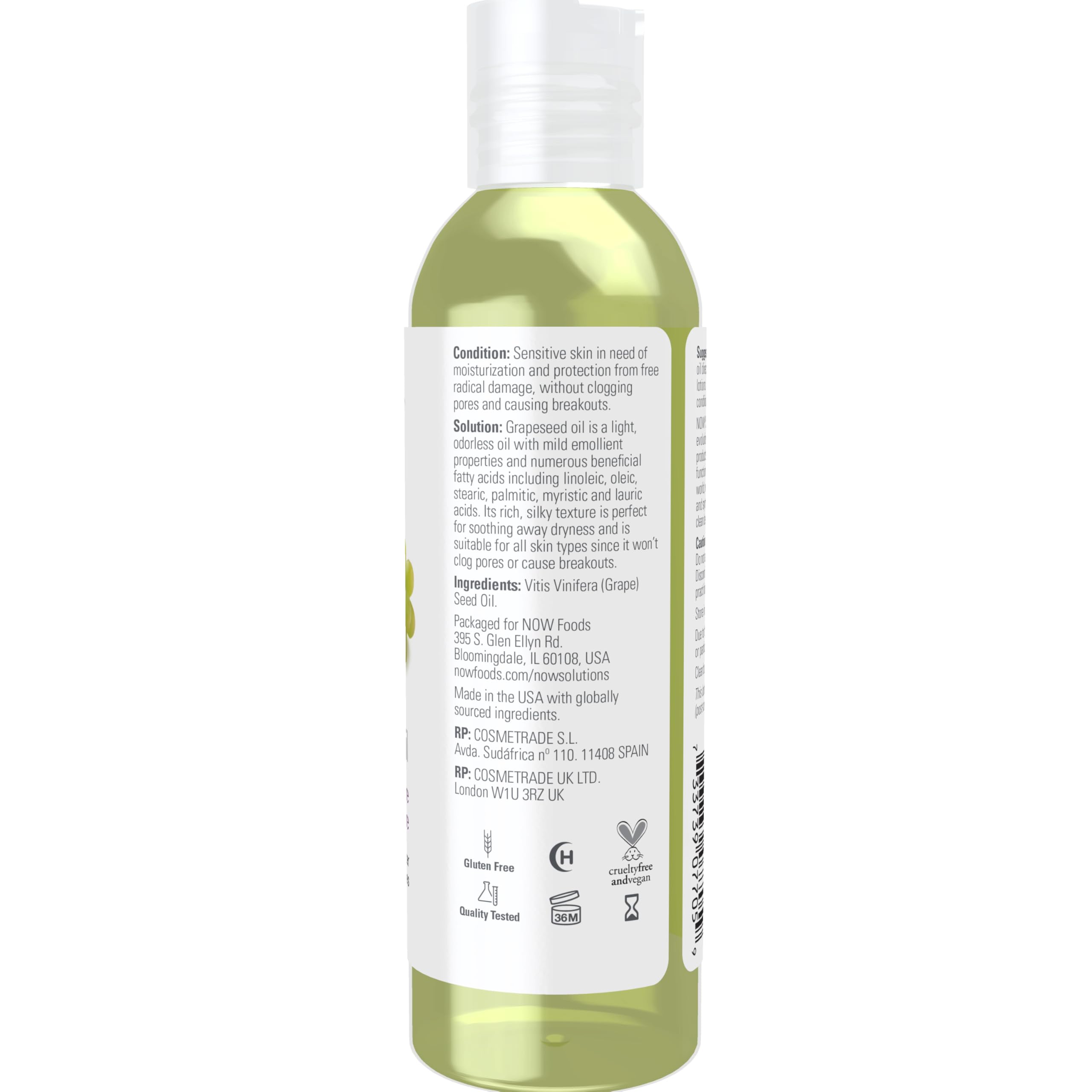 NOW Foods Grapeseed Oil for Sensitive Skin - Lightweight Silky Moisturizer for Face & Body - 100% Pure Natural Skin Care Solution - 4 oz - Perfect for Daily Hydration & Massage Therapy