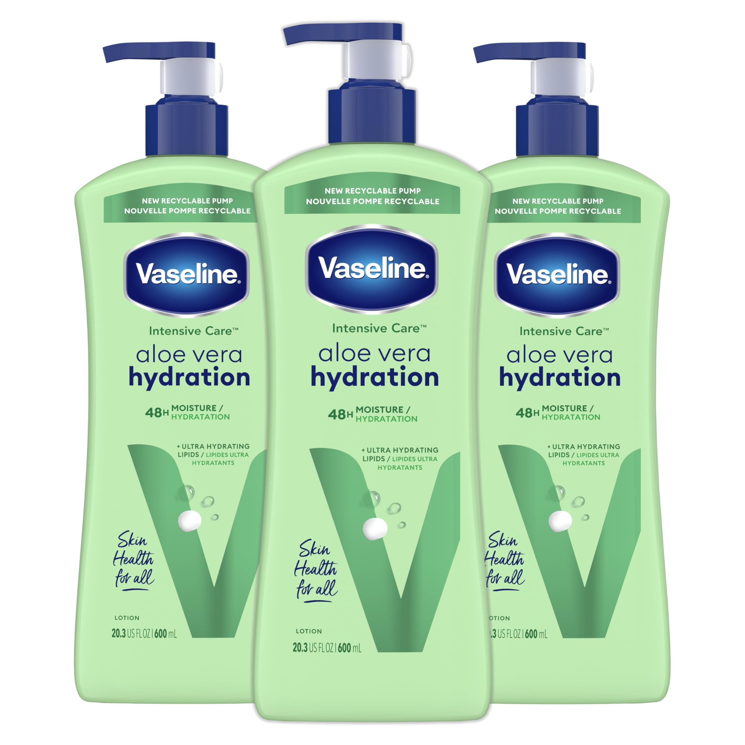 Vaseline Intensive Care Body Lotion for Dry Skin - Ultra Hydrating Moisturizer with 1% Aloe Vera & Lipids - 20.3 oz (Pack of 3) - Perfect for Daily Skincare Routine & Post-Shower Hydration