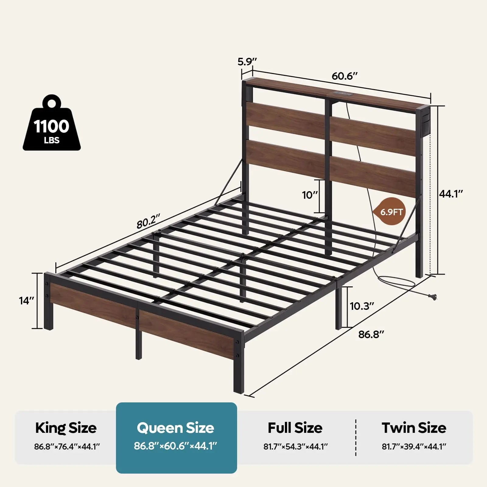 Bestier Queen Bed Frame with Storage Headboard & USB Charging Station - Modern Platform Bed with Underbed Storage for Small Spaces, Bedroom Organization & Phone Charging Convenience