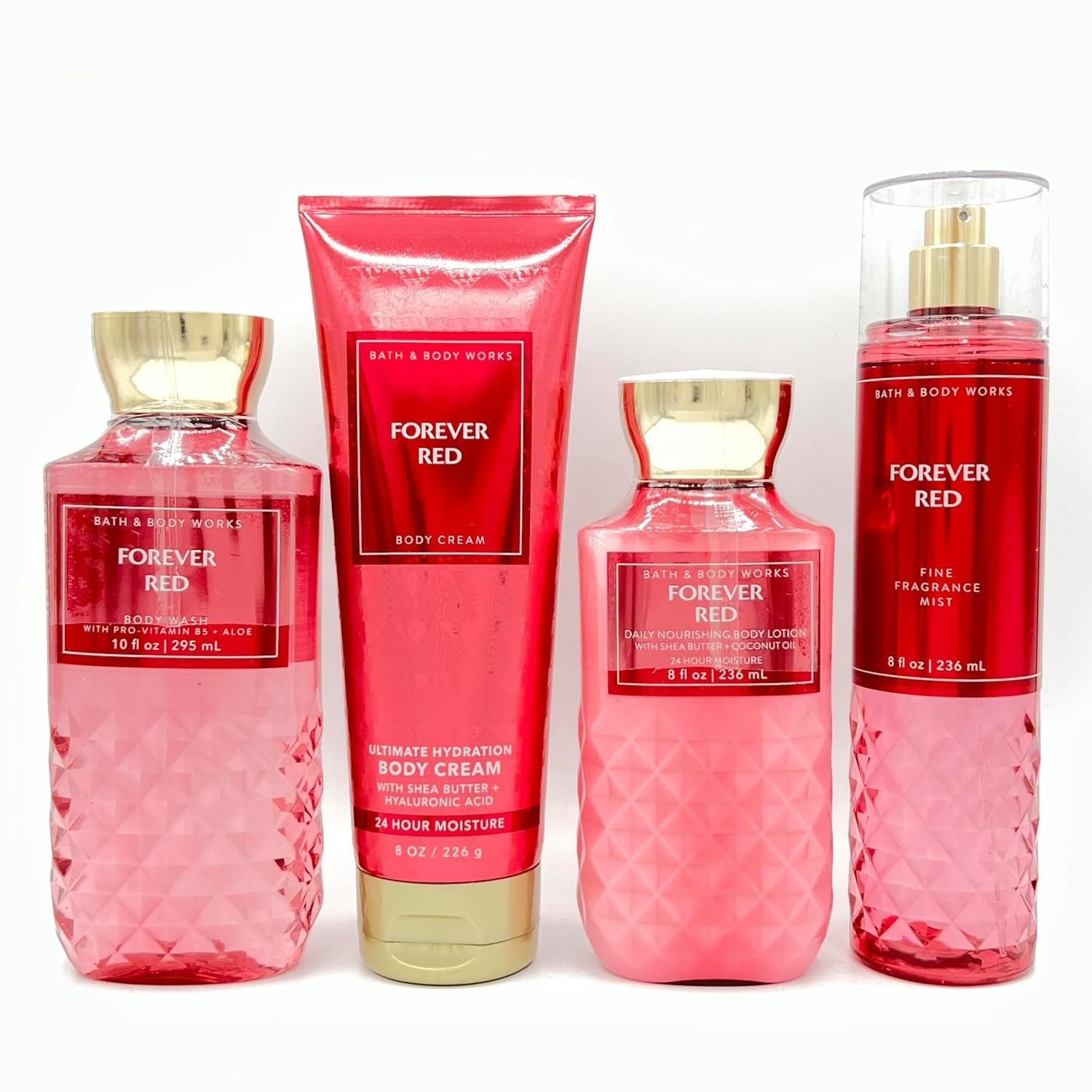 Forever Red 4-Piece Deluxe Gift Set - Body Wash, Hydrating Body Cream, Nourishing Body Lotion & Fragrance Mist | Valentine's Day Gift, Anniversary Present, Self-Care Luxury Set for Women