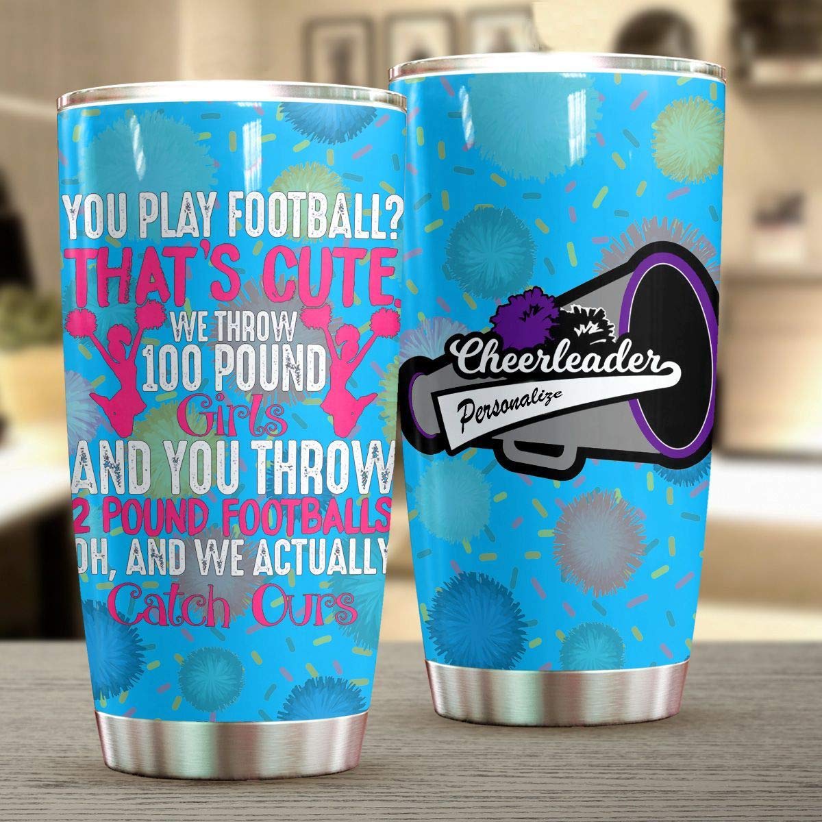 Personalized Cheerleader Stainless Steel Tumbler - 'You Play Football That's Cute' Insulated Cup for Coffee & Tea - Custom Gift for Cheerleaders, Birthday, Christmas, Thanksgiving - Perfect for Sports Events, School Games & Daily Hydration