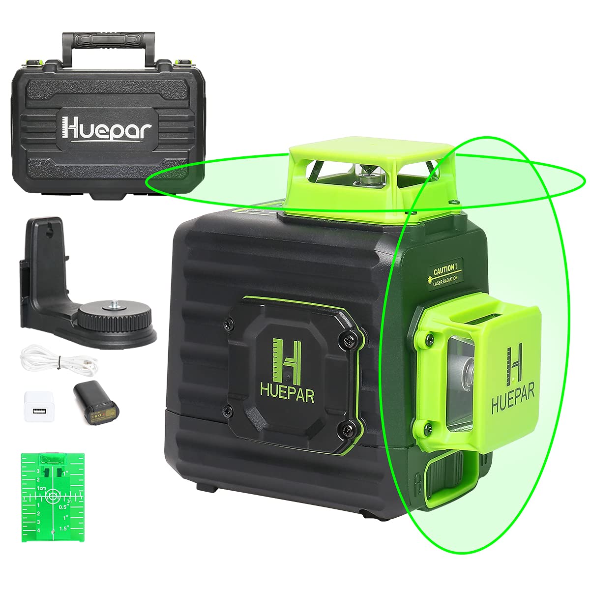 Huepar 2 x 360 Cross Line Self-Leveling Laser Level with Green Beam - Dual Plane Leveling & Alignment Tool, Li-ion Battery, Type-C Charging Port & Hard Carry Case Included - Perfect for Construction, Renovation, Flooring and Tile Installation Projects