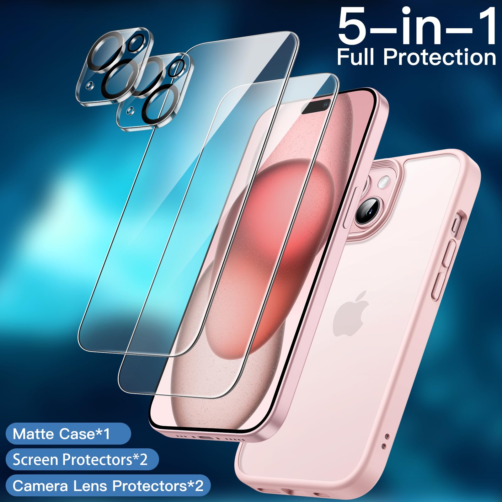 JETech 5-in-1 Matte Shockproof Case for iPhone 15 Plus 6.7-Inch with 2-Pack Tempered Glass Screen Protector & Camera Lens Protector - Translucent Pink Phone Cover for Everyday Protection & Style