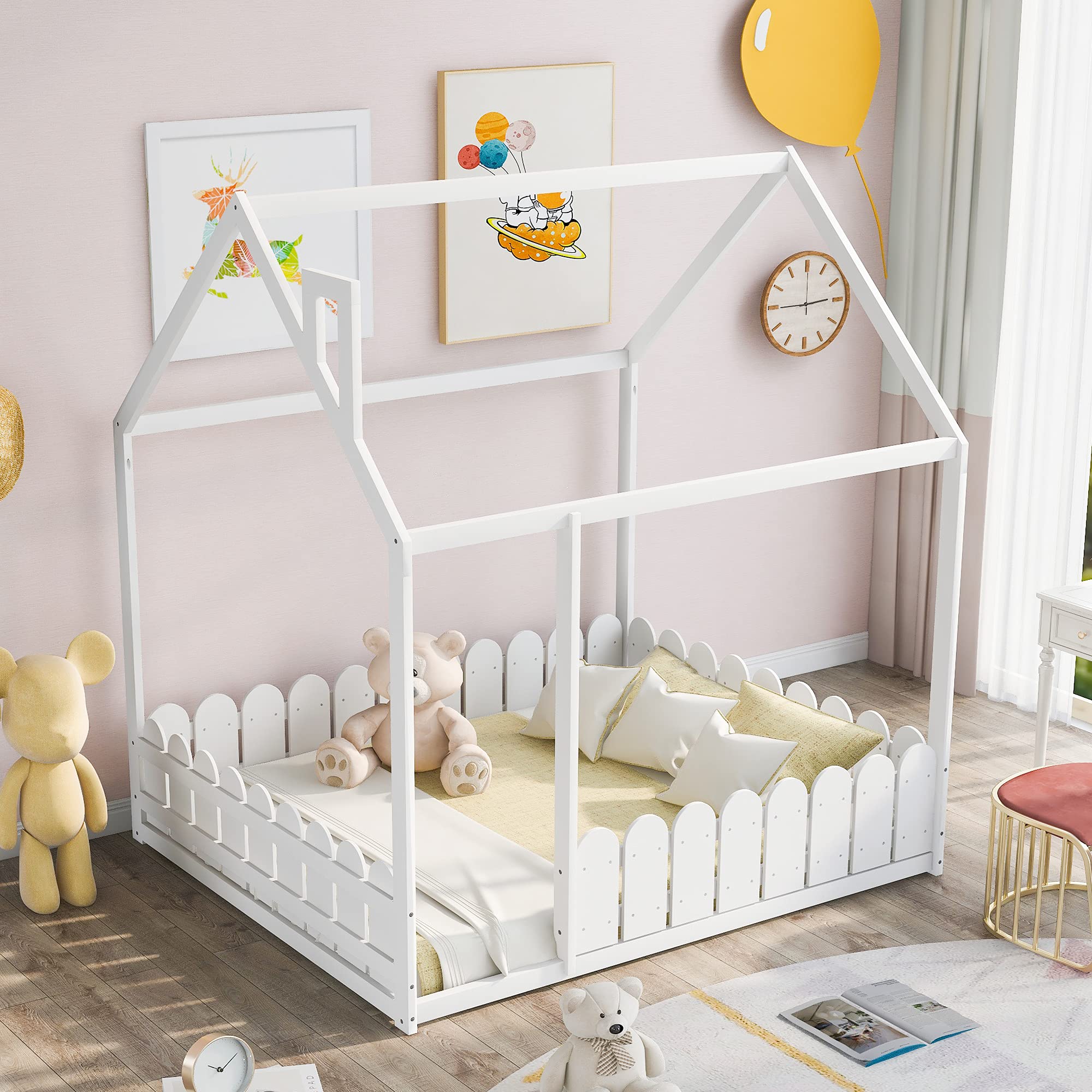 **Solid Wood Full House Bed for Kids & Toddlers - Durable Children's Bed Frame with High Weight Capacity (White) - Perfect for Nursery, Bedroom, or Playroom Decor**