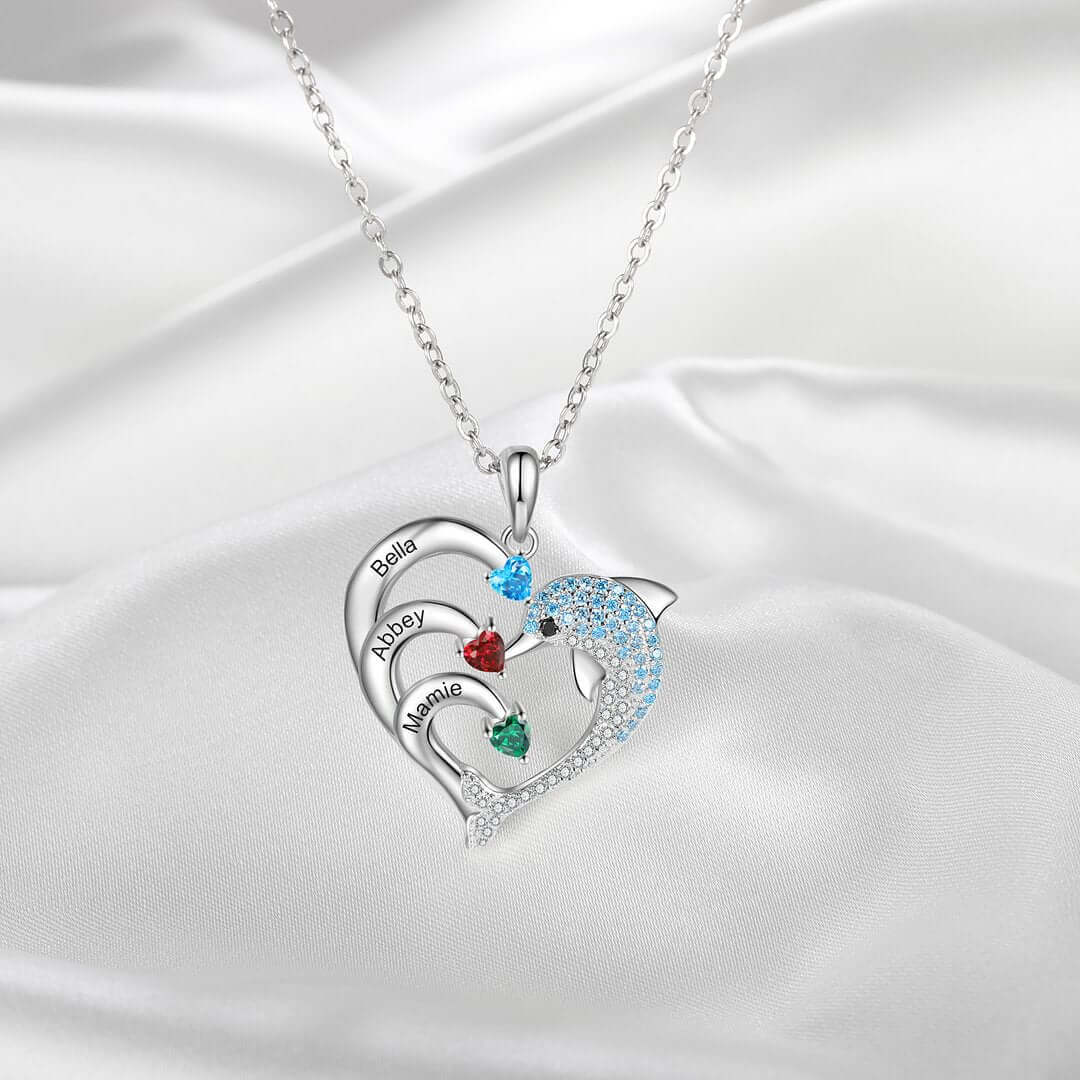 Personalized Dolphin Heart Birthstone Necklace - Custom Name & Birthstone Jewelry for Women | H0001 | Perfect Gift for Birthday, Anniversary & Mother's Day