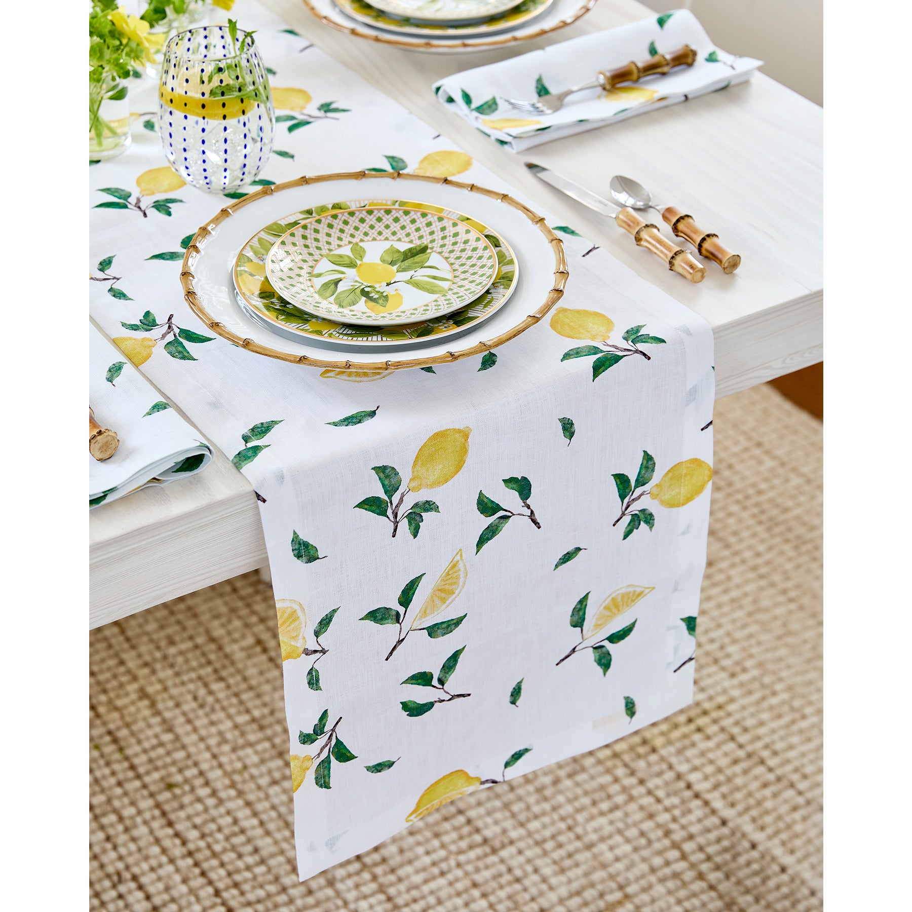 Elegant Botanical Lemon Table Runner - Natural Cotton Dining Table Decor for Spring & Summer Parties, Weddings, and Farmhouse Style Homes