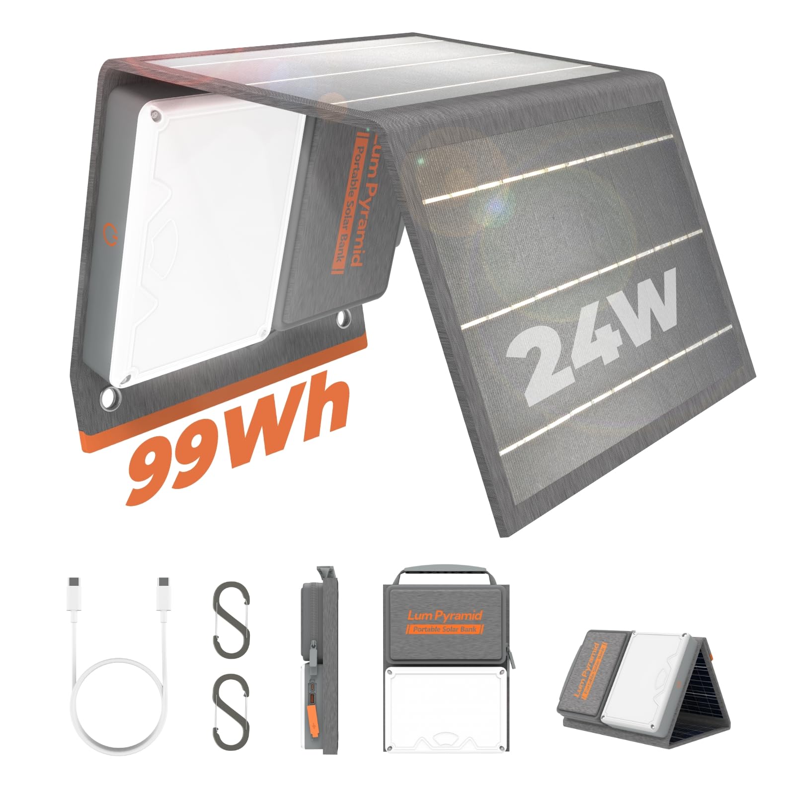 Portable Solar Charger 99.9Wh Power Bank with 24W Foldable Solar Panels, 600 Lumen Adjustable LED Camping Light, 65W PD USB-C & 22W QC3.0 USB-A Output - Perfect for Outdoor Camping, Hiking, Emergency Power Backup & Travel Charging