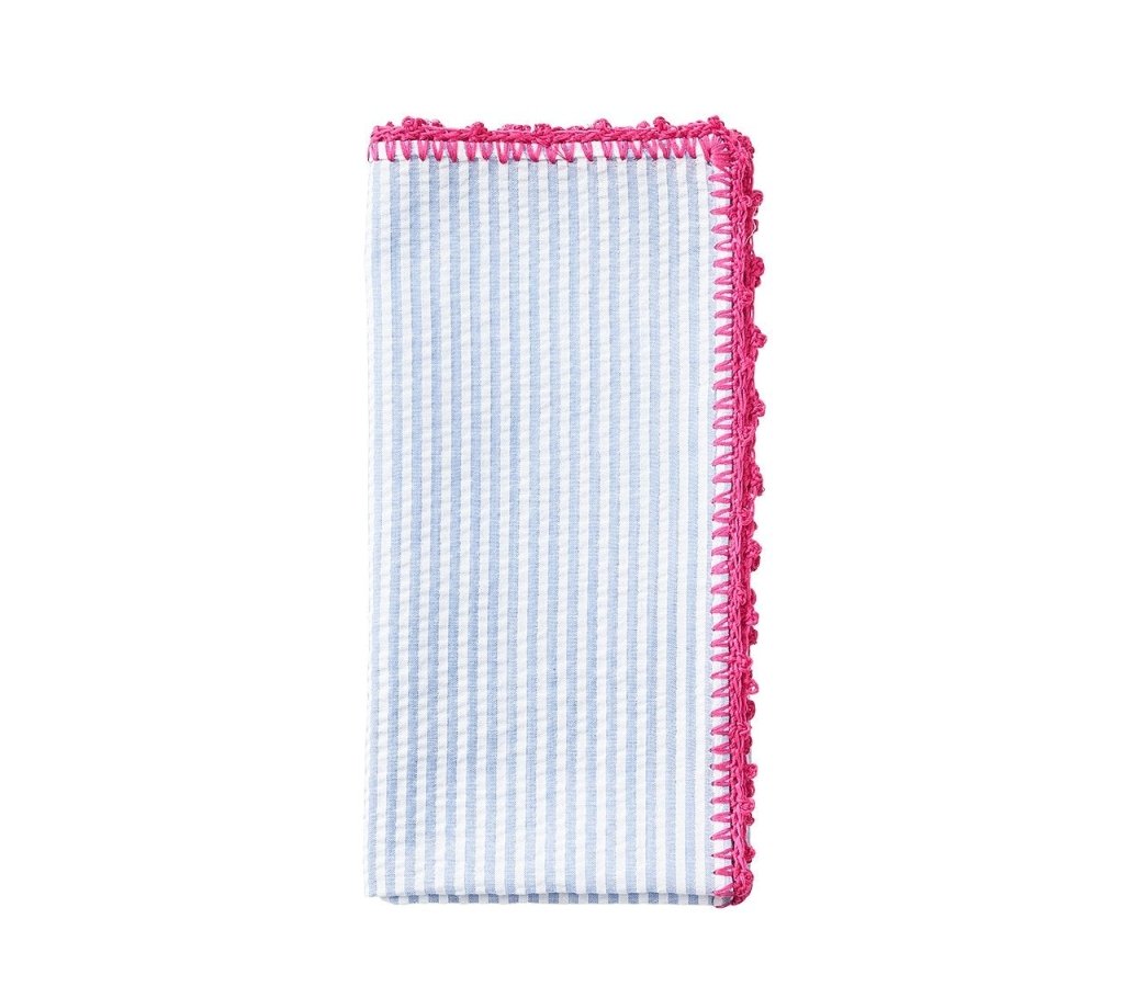 Premium Seersucker Napkins Set of 4 - Periwinkle & Pink Striped Cotton Table Linens for Summer Picnics, Outdoor Dining & Elegant Dinner Parties