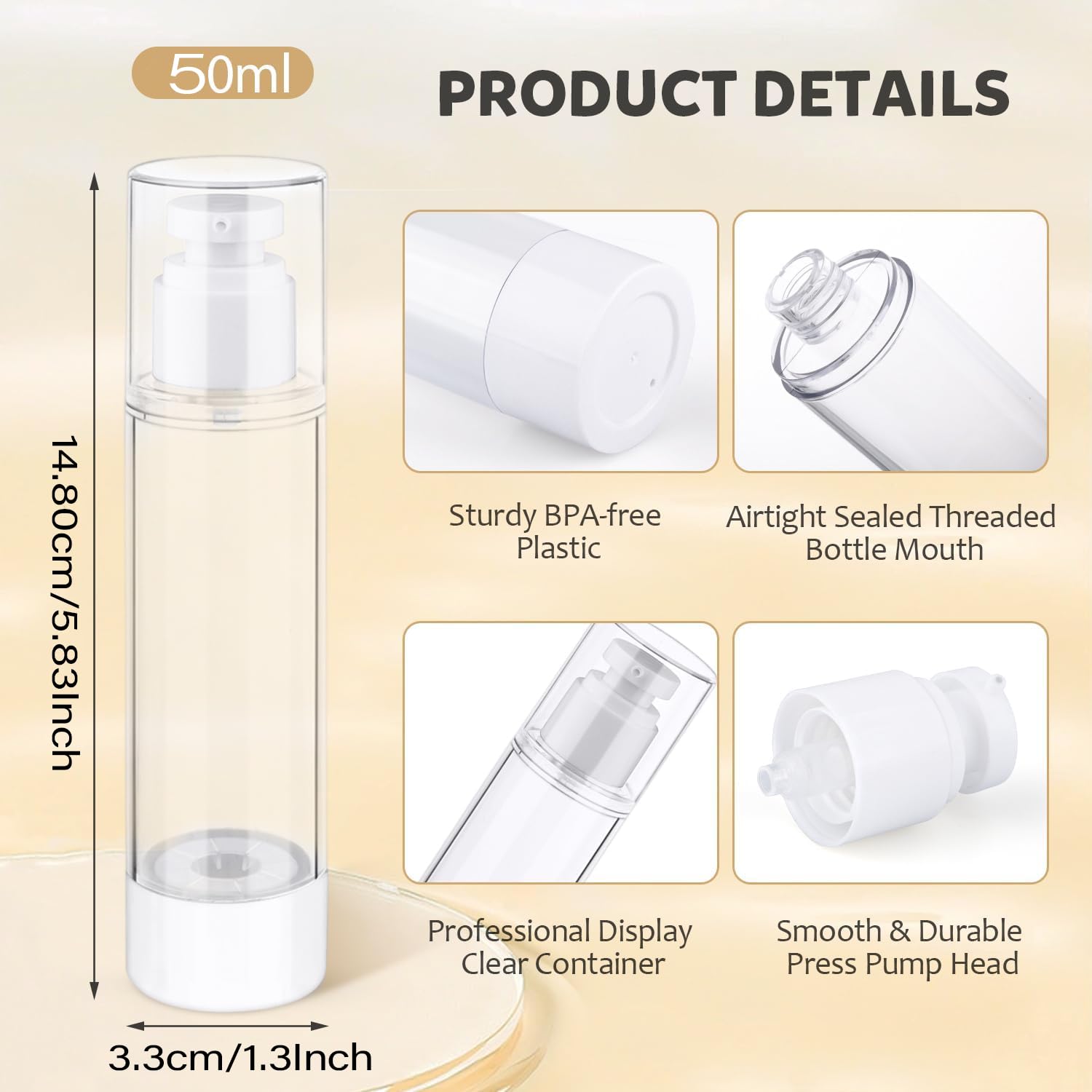 Bonzella 50ML Airless Pump Jars (Pack of 2) - Refillable Cosmetic Vacuum Bottles for Creams, Lotions & Serums | Leak-Proof Acrylic Moisturizer Containers | Perfect for Travel, Skincare Routine & Makeup Foundation Storage