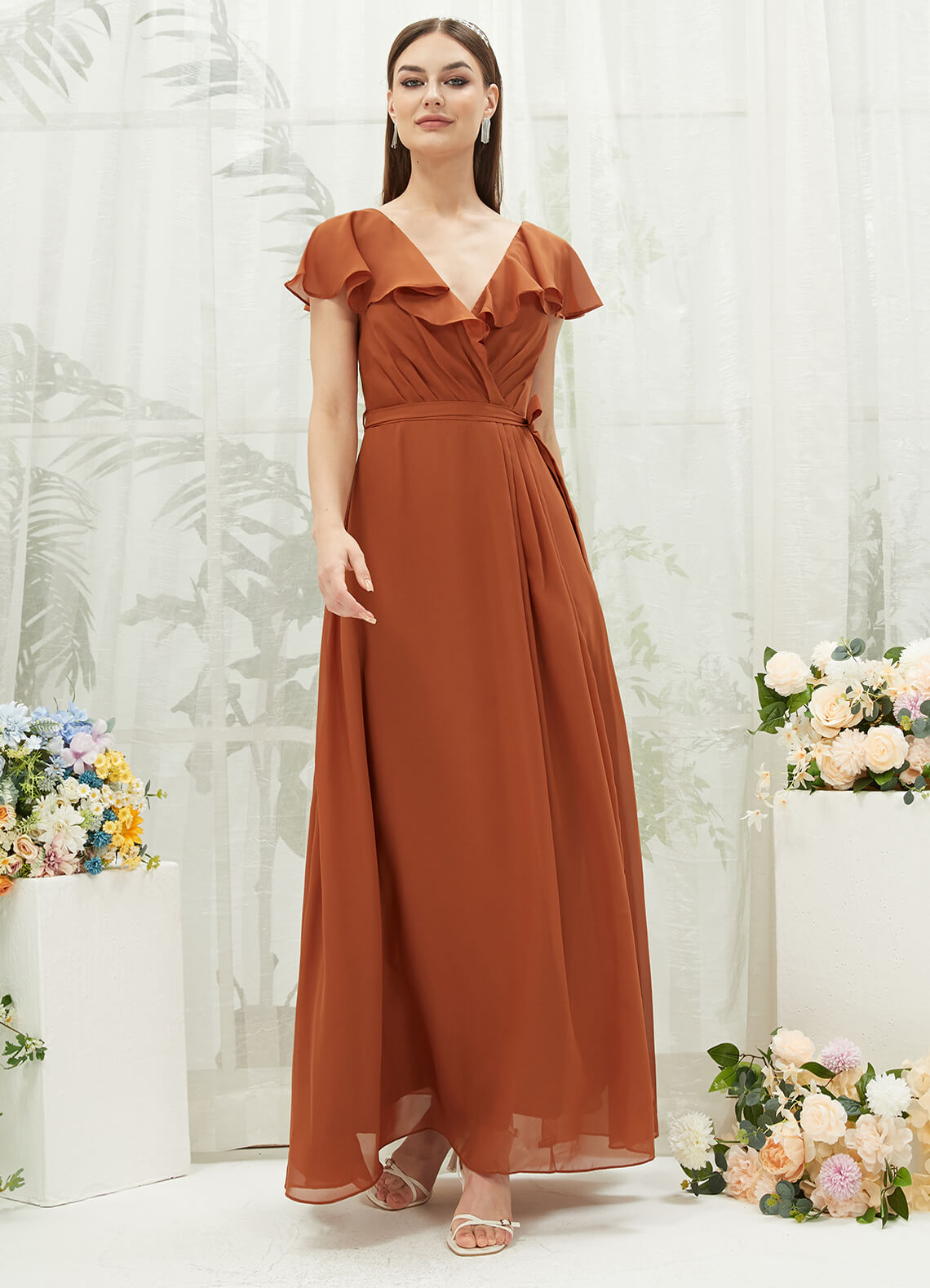 Elegant Burnt Orange Chiffon Bridesmaid Dress with Ruffle Sleeves & V-Neck Slit - Perfect for Weddings, Formal Events & Evening Parties