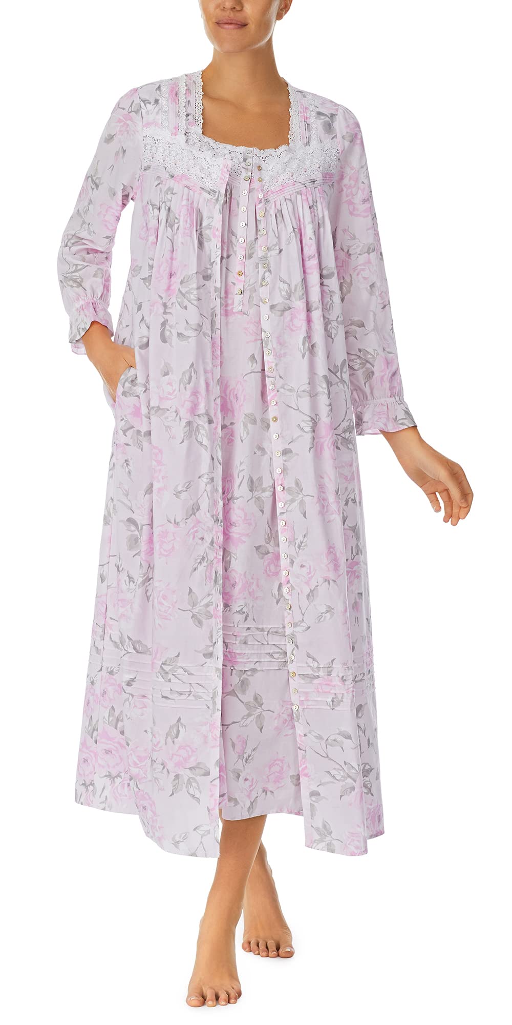 Eileen West Cotton Lawn Two Piece Ballet Nightgown & Robe Set - Rose Floral Print Loungewear for Women | Perfect for Sleepwear, Bridal Shower, and Spa Relaxation