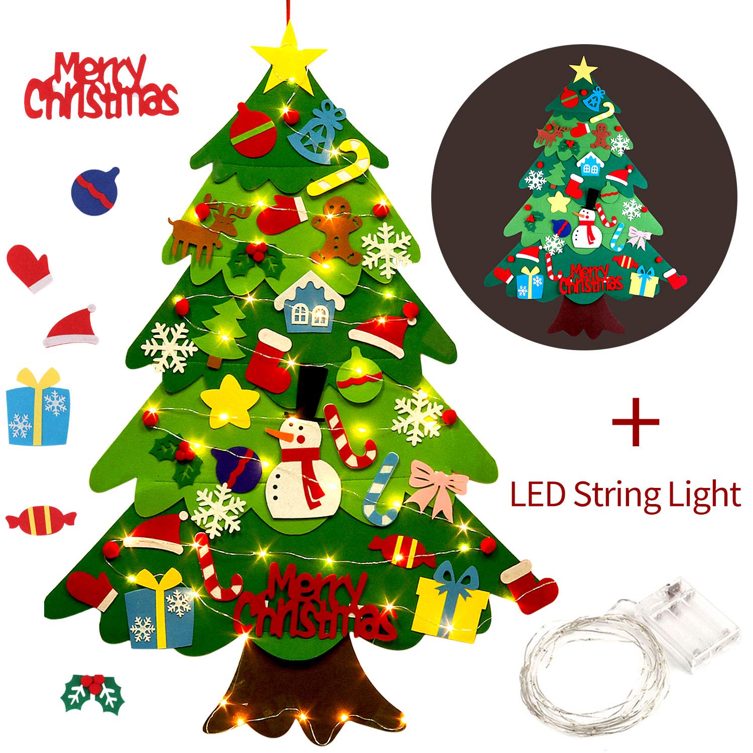 3.2ft DIY Wall Mount Christmas Tree with 32 Ornaments & 50 LED Lights - Holiday Home Decor for Living Room, Bedroom, Office & Party Decoration