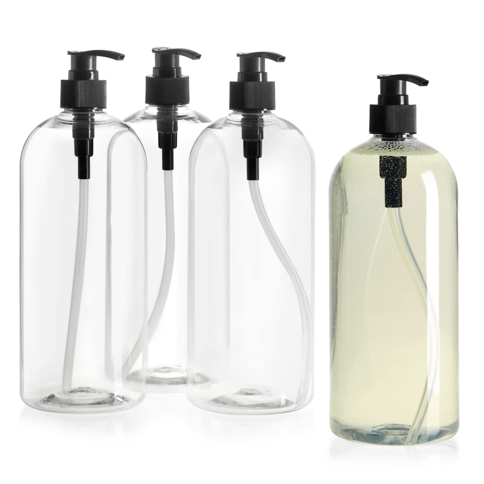 Okuna Outpost 32 oz Refillable Pump Bottles - 4 Pack Clear Shampoo & Conditioner Dispensers with Black No-Spill Pumps - Ideal for Hand Soap, Body Wash, Lotion & Travel Toiletries - Perfect for Home, Salon & Gym Use