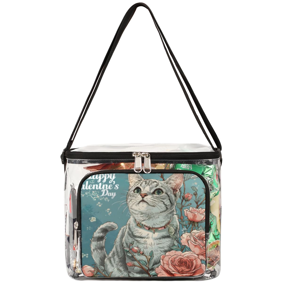 GzLeyigou Valentine's Day Clear Tote Bag with Handles - Cat Design Transparent Crossbody Shoulder Bag for Lunch, Outdoor, Travel, Picnic, Concerts & Sports Events - Stadium Approved Multipurpose Purse for Women, Girls, School, Beach & Shopping