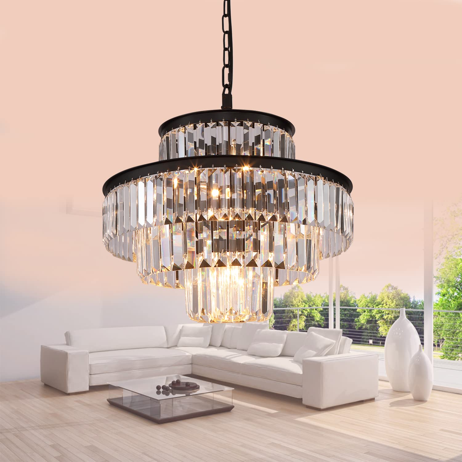 GMLixin 20-Inch Black Luxury Crystal Chandelier - Modern Hanging Pendant Light Fixture for Dining Room, Bedroom & Living Room - Elegant Home Decor for Weddings, Restaurants and Interior Design
