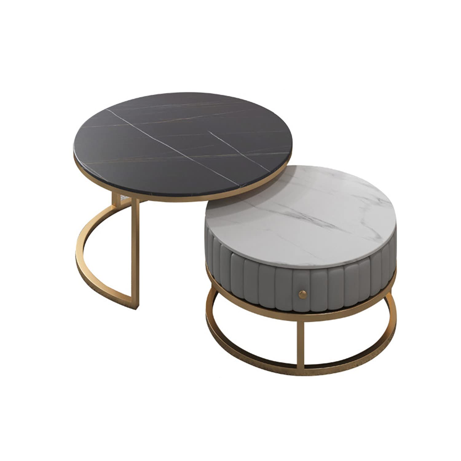 Round Coffee Table Set of 2 - Modern Nesting End Tables with Marble-Like Wooden Tabletop & Metal Frame, Sofa Side Tables with Drawers, 45×50×70cm - Perfect for Living Room, Bedroom or Office Decor