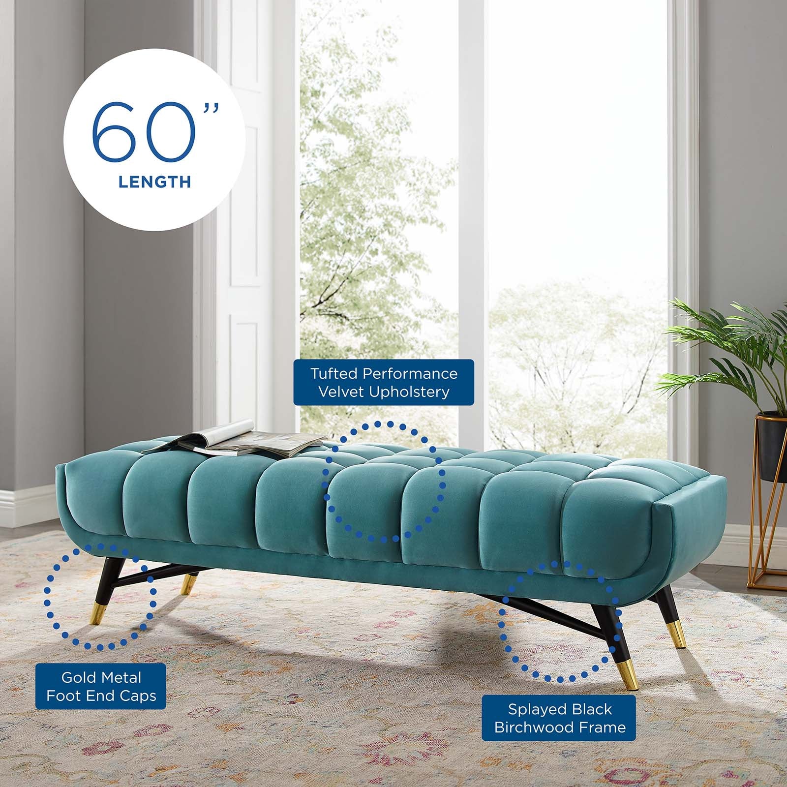 Adept 60 Performance Velvet Bench - Upholstered Storage Ottoman with Tufted Design, Perfect for Living Room, Bedroom or Entryway Seating