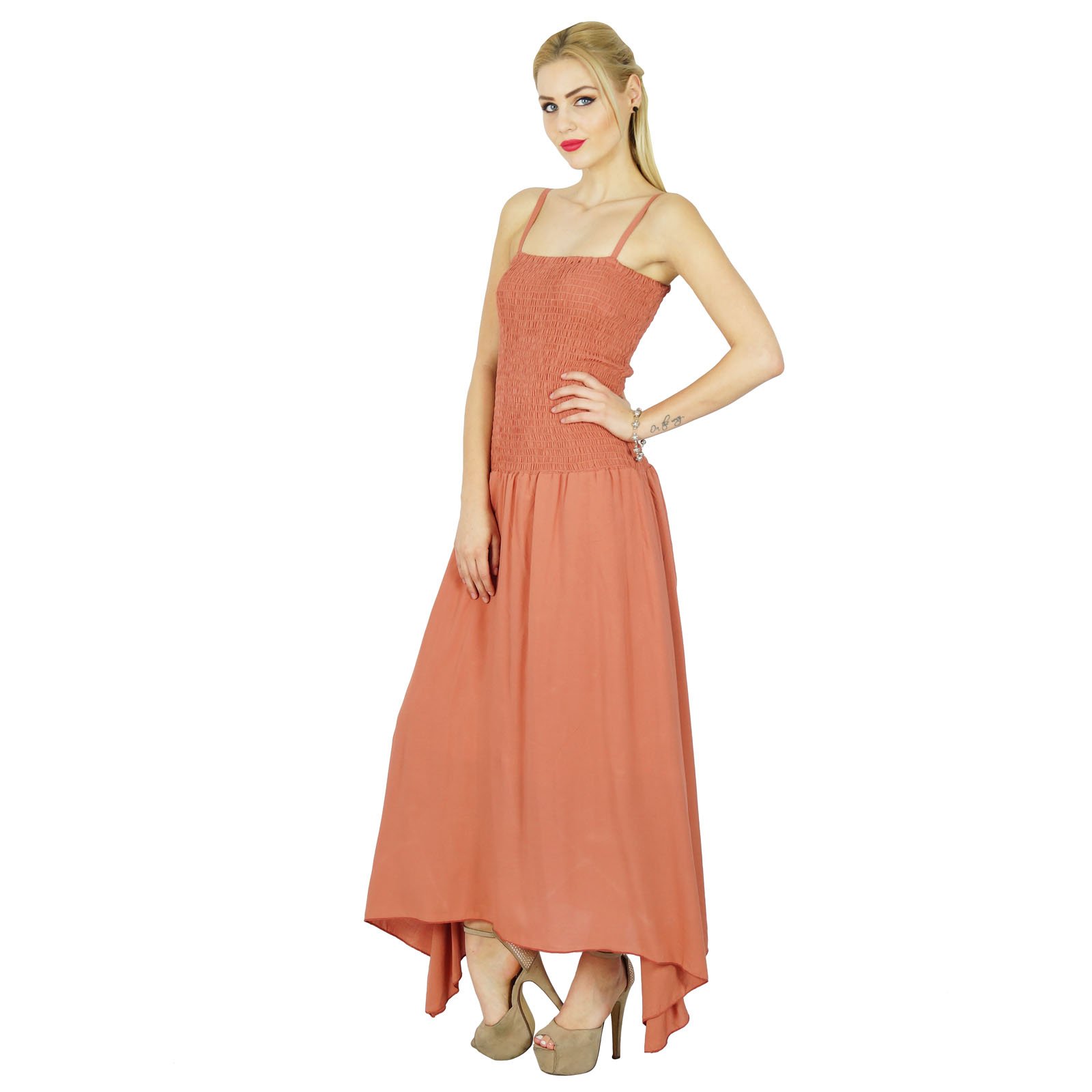 Bimba Women's Long Maxi Dress with Smocked Waist - Spaghetti Strap Casual Summer Dress in Rosy Brown | Perfect for Beach, Vacation & Outdoor Events