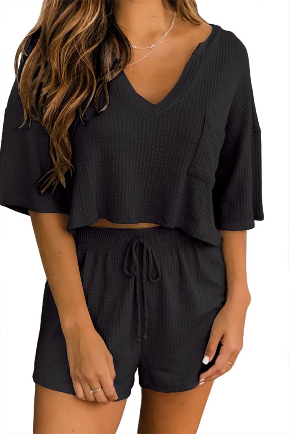 Ezbelle Women's V Neck Waffle Knit Pajama Set - Short Sleeve Crop Top & Shorts 2-Piece Lounge Outfit for Sleepwear, Home Comfort & Relaxation