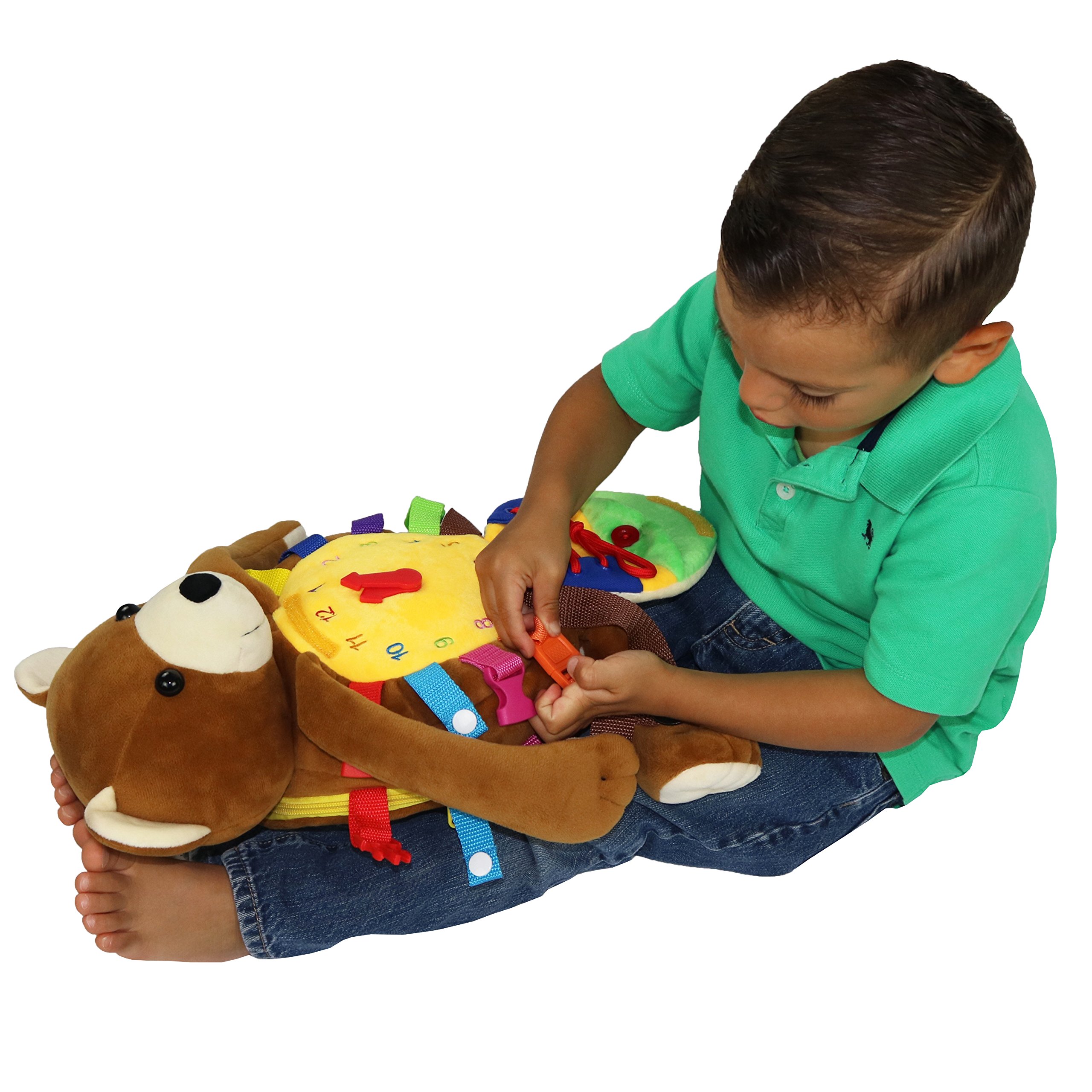 Buckle Toy Bear Backpack - Toddler Learning Backpack with Stuffed Animal & Activity Features - Develops Fine Motor Skills & Life Skills - Soft Plush Travel Toy for Kids - Perfect for Preschool, Daycare & Airplane Travel - Billy Bear