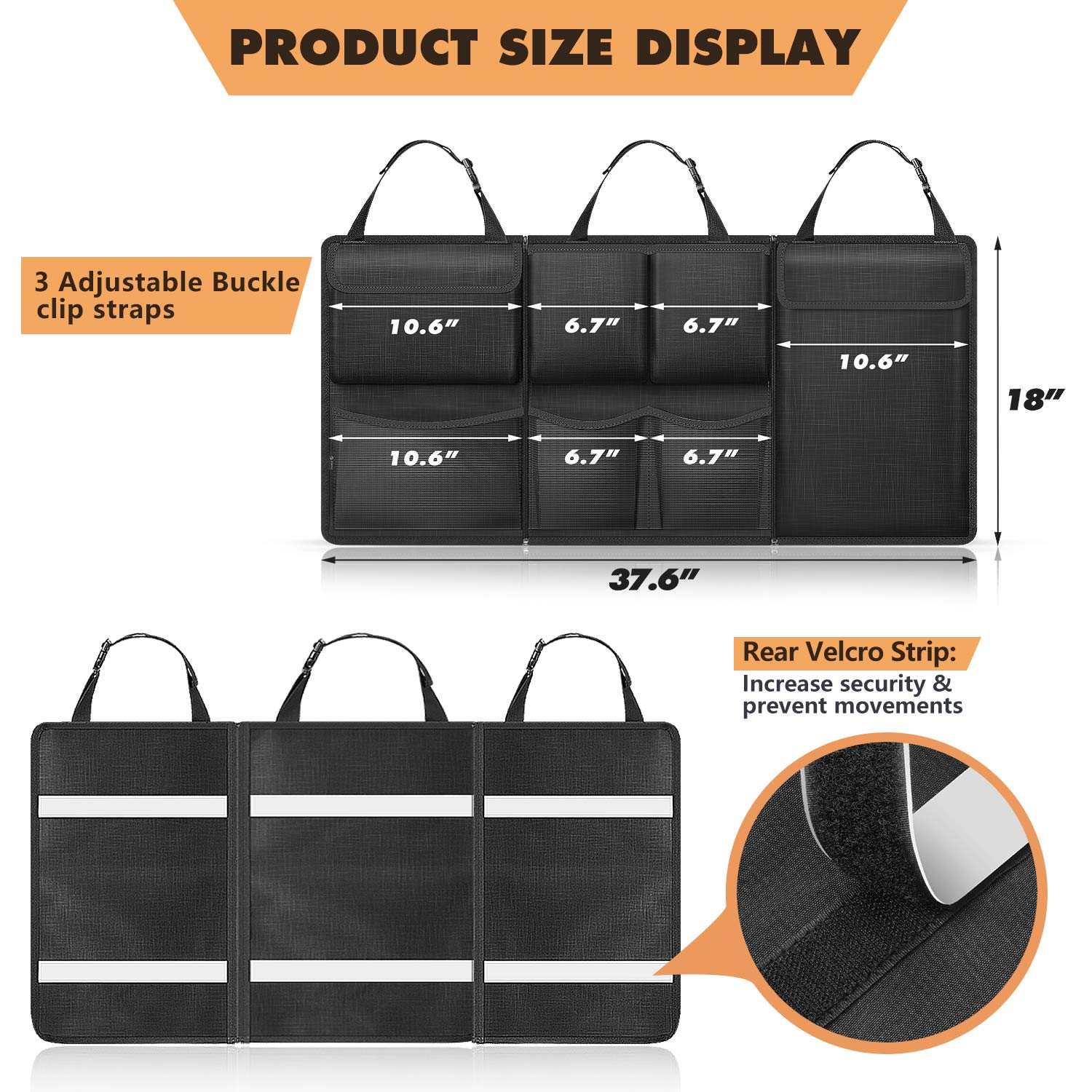 FINPAC Car Trunk Organizer & Storage - Detachable Seat Back Hanging Organizer with Zippers, Large Capacity SUV & Van Storage Accessories for Jeep, Truck, Minivan (Black) | Perfect for Road Trips, Camping & Grocery Shopping