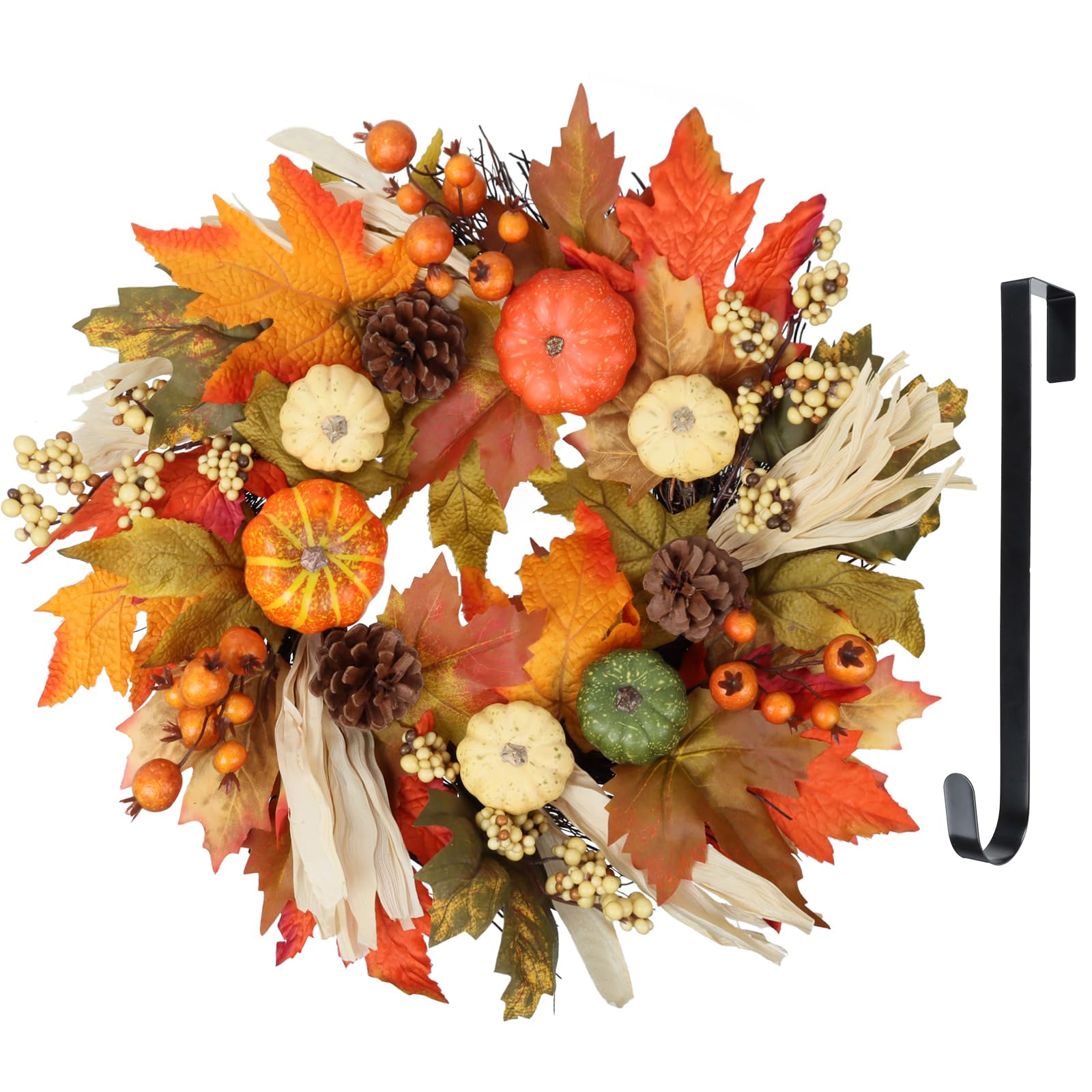 19 Inch Autumn Fall Wreath for Front Door - Pumpkin Maple Leaf Harvest Decor with Hangers | Thanksgiving Home Decor for Wall, Window, Indoor & Outdoor | Perfect for Seasonal Parties and Cozy Holiday Atmosphere