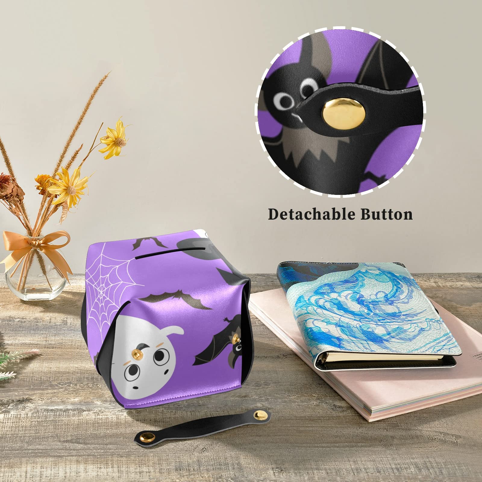 Halloween Tissue Box Cover - Purple Rectangle Leather with Pumpkins, Bats, Spider Web & White Ghosts - 9.4x5.1x3.6 Inch - Perfect for Bathroom, Home, Nightstand, Vanity, Office Desk & Car Decor