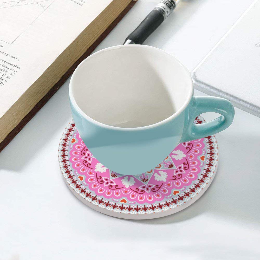 Set of 4 Absorbent Ceramic Coasters with Cork Base - Floral Ethnic Pattern Pink Round Drink Coasters for Coffee Cups & Glasses | Perfect for Bar, Farmhouse & Home Decor
