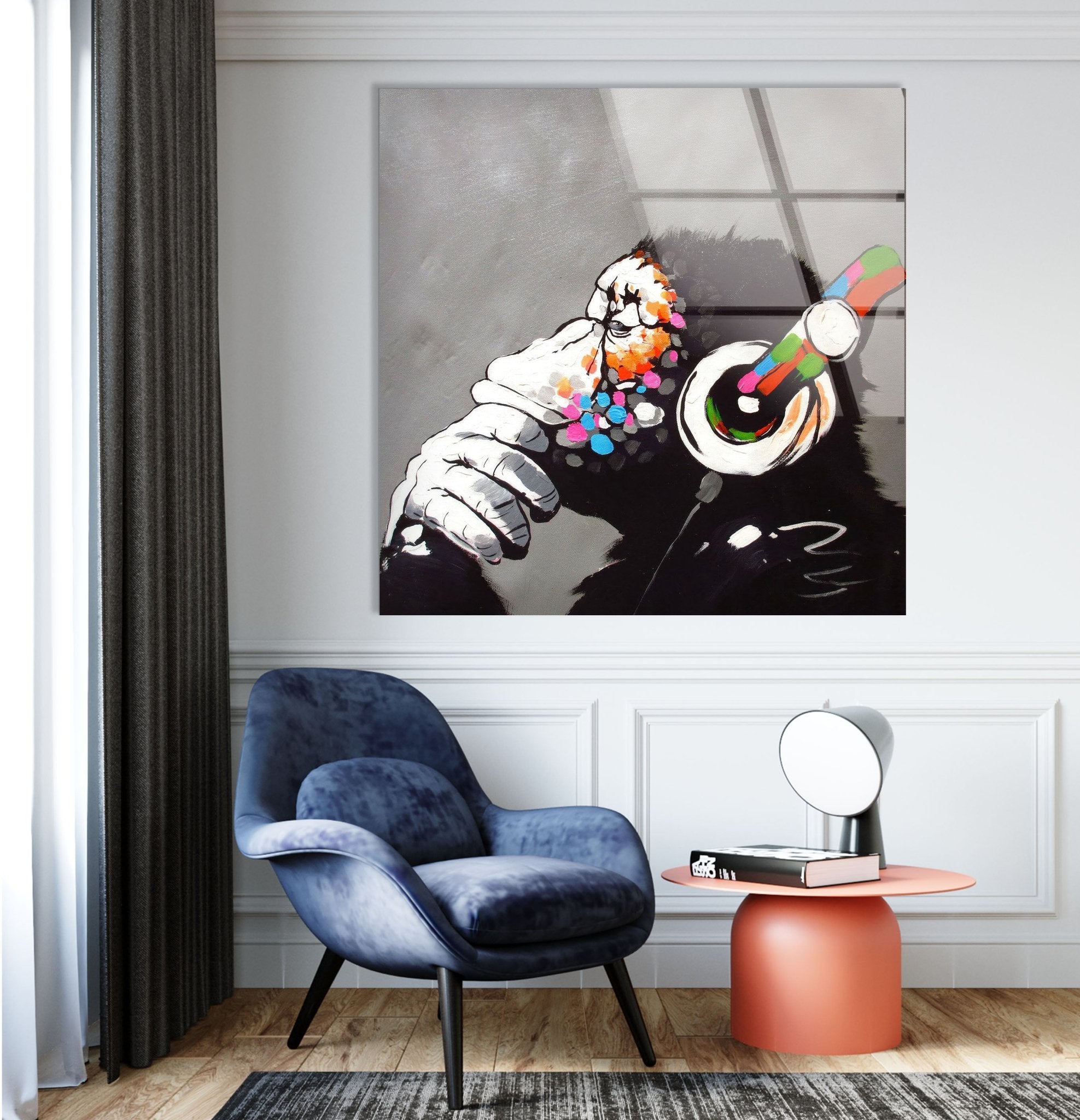 Banksy DJ Monkey Gorilla Thinking Glass Wall Art - Modern Canvas Print for Home & Office Decor - Perfect for Living Room, Bedroom or Studio